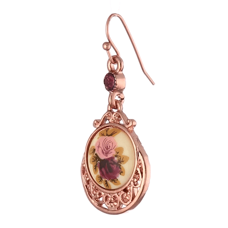 1928 Jewelry Manor House Purple & Pink Rose Flower Amethyst Crystal Drop Earrings