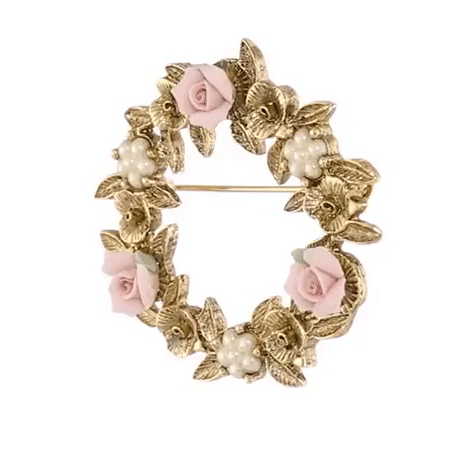 1928 Bridal Pink Porcelain Rose Wreath Brooch