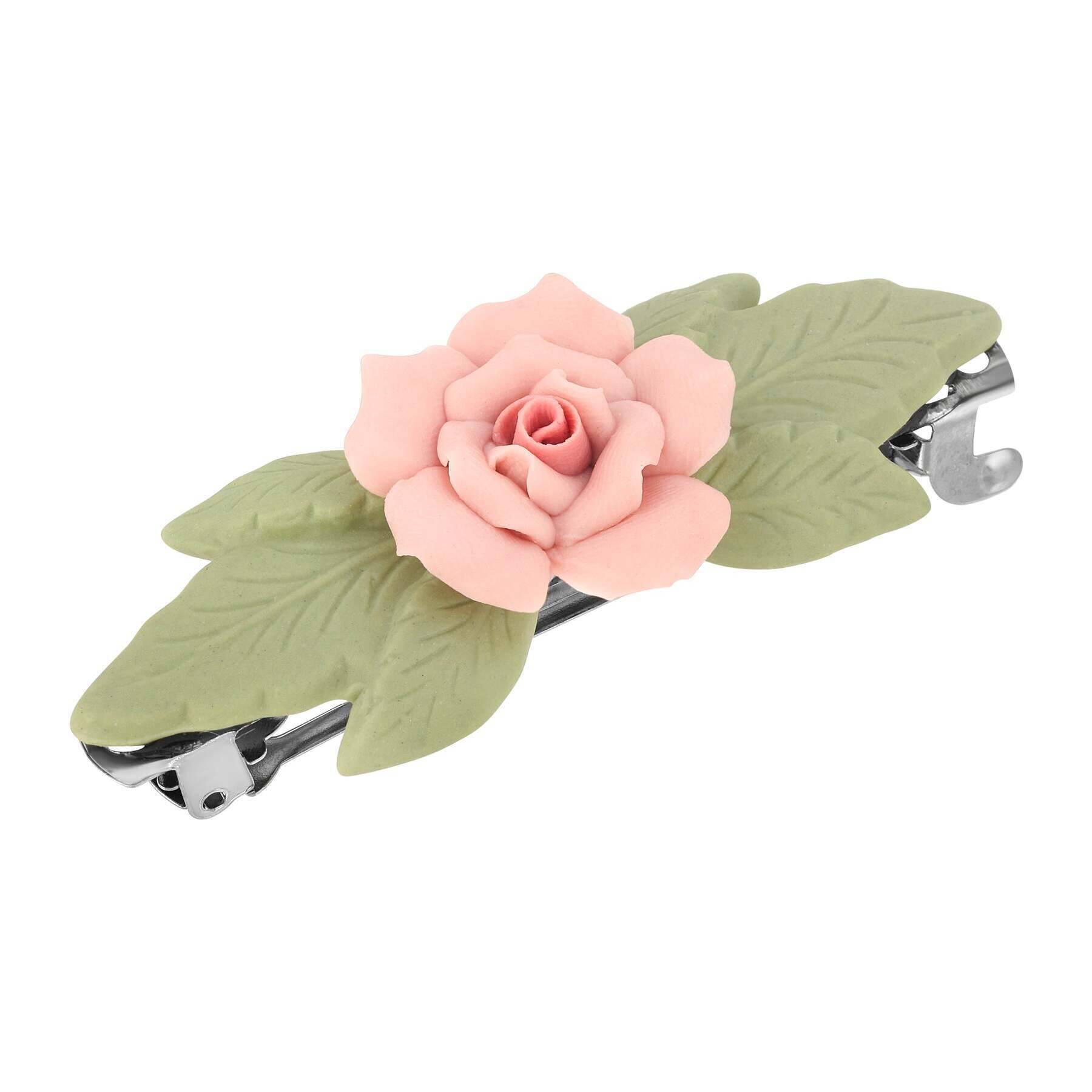 1928 Jewelry Genuine Porcelain Rose And Green Leaf French Hair Barrette