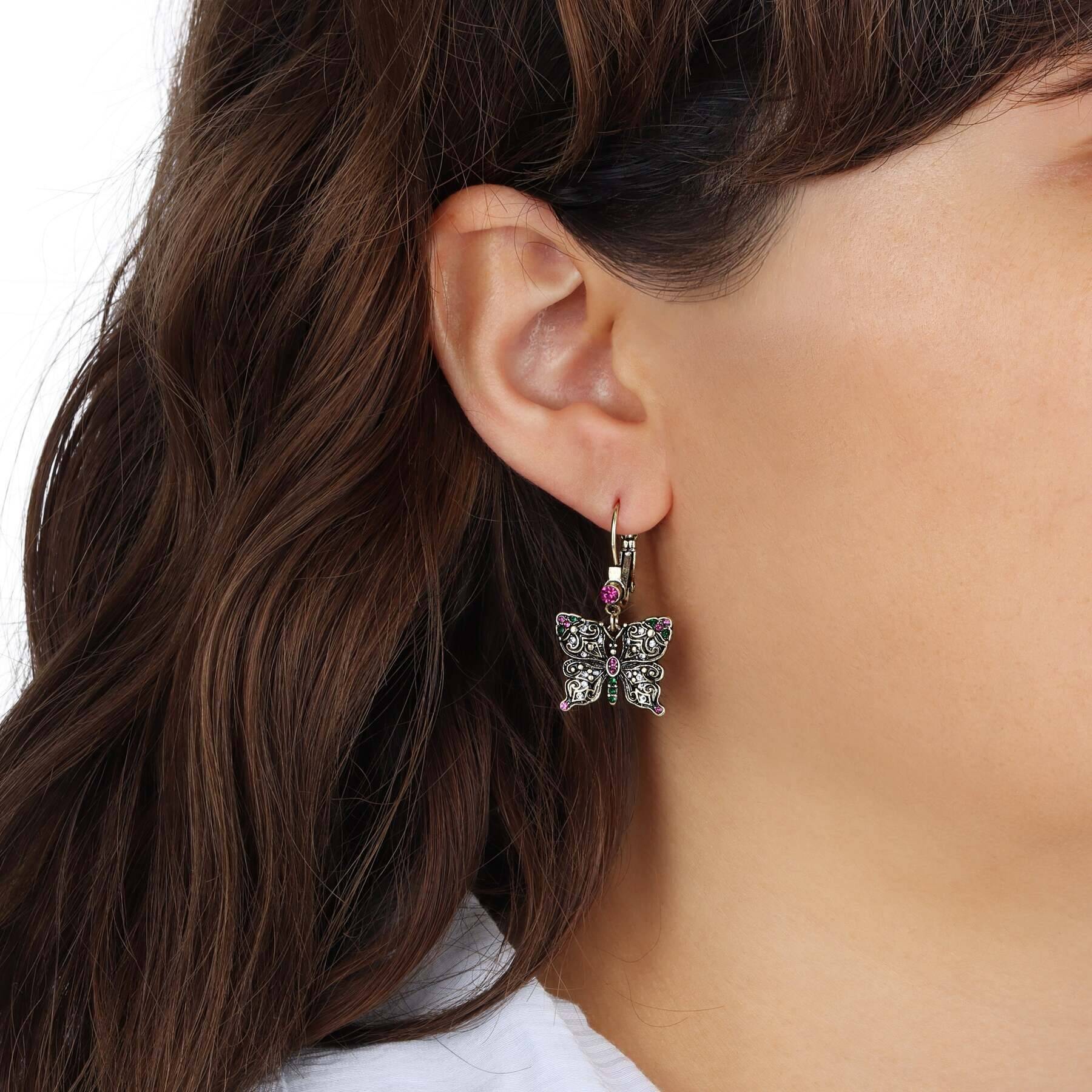 Regency Antiqued Butterfly Multi Color Crystals Drop Earrings