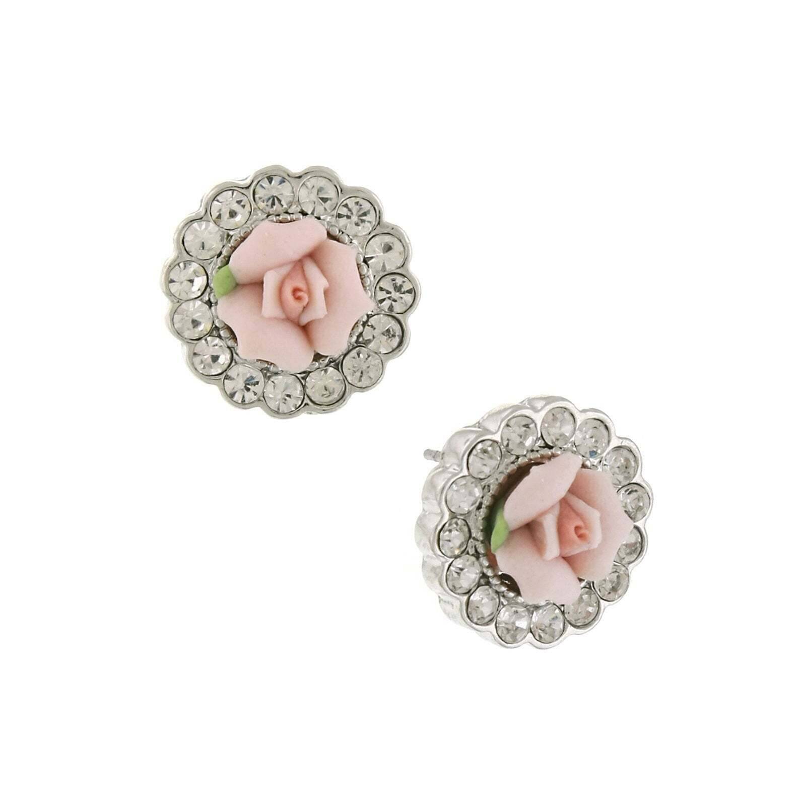 1928 Jewelry Pink Porcelain Rose Crystal Accent Post Earrings