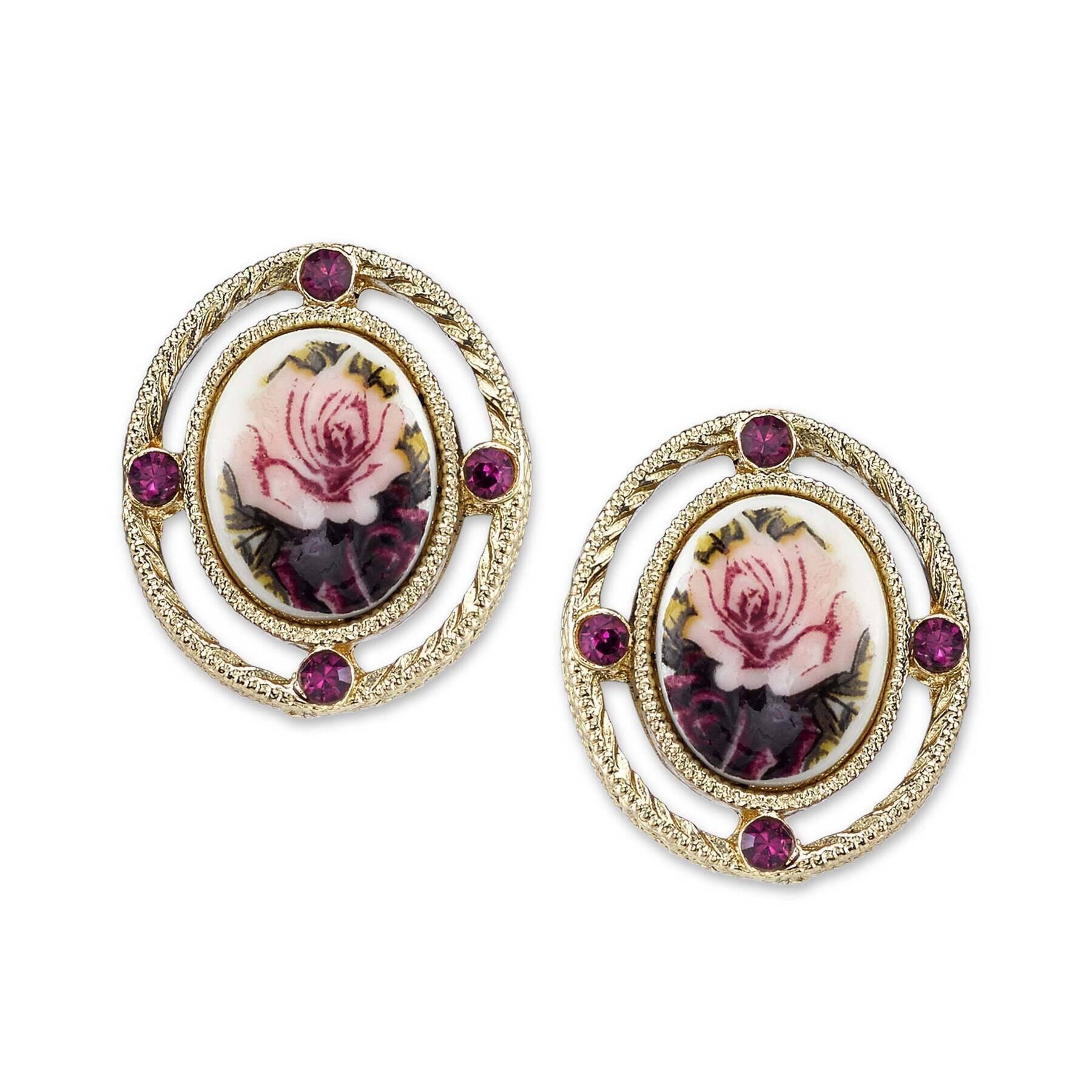 2028 Jewelry Purple And Pink Decal Floral Manor House Oval Button Earrings