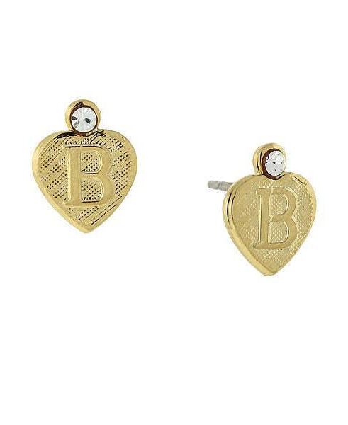 1928 Jewelry Round Crystal Gold Initial Heart Stud Earrings