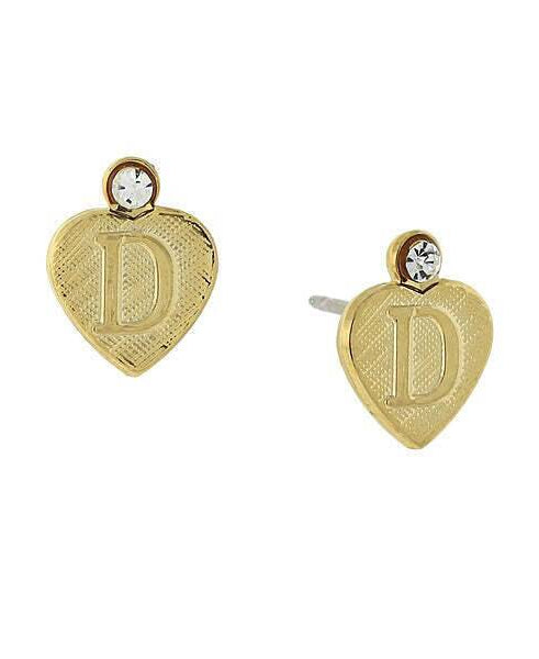 1928 Jewelry Round Crystal Gold Initial Heart Stud Earrings