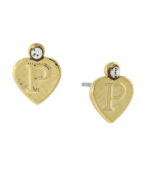 1928 Jewelry Round Crystal Gold Initial Heart Stud Earrings