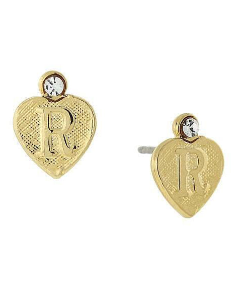 1928 Jewelry Round Crystal Gold Initial Heart Stud Earrings