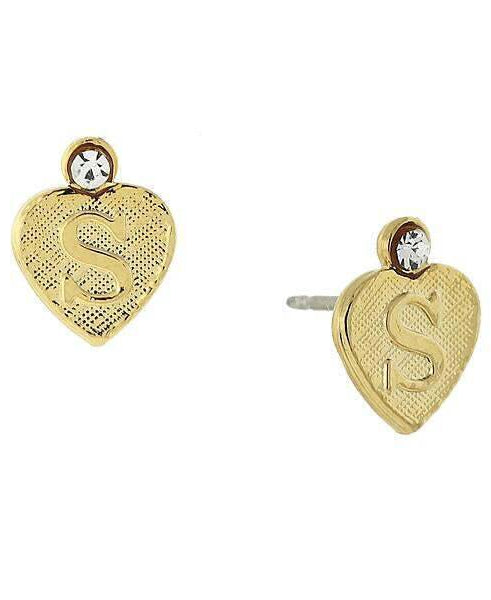 1928 Jewelry Round Crystal Gold Initial Heart Stud Earrings