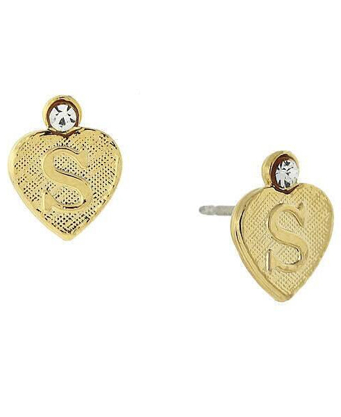 1928 Jewelry Round Crystal Gold Initial Heart Stud Earrings