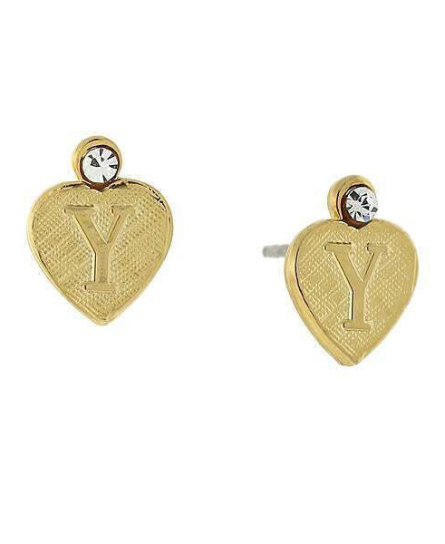 1928 Jewelry Round Crystal Gold Initial Heart Stud Earrings