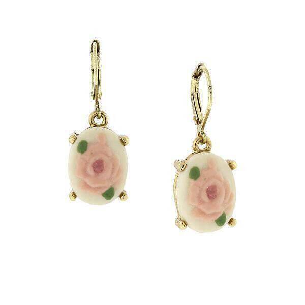 1928 Jewelry Pink And Ivory Porcelain Rose Cameo Drop Earrings