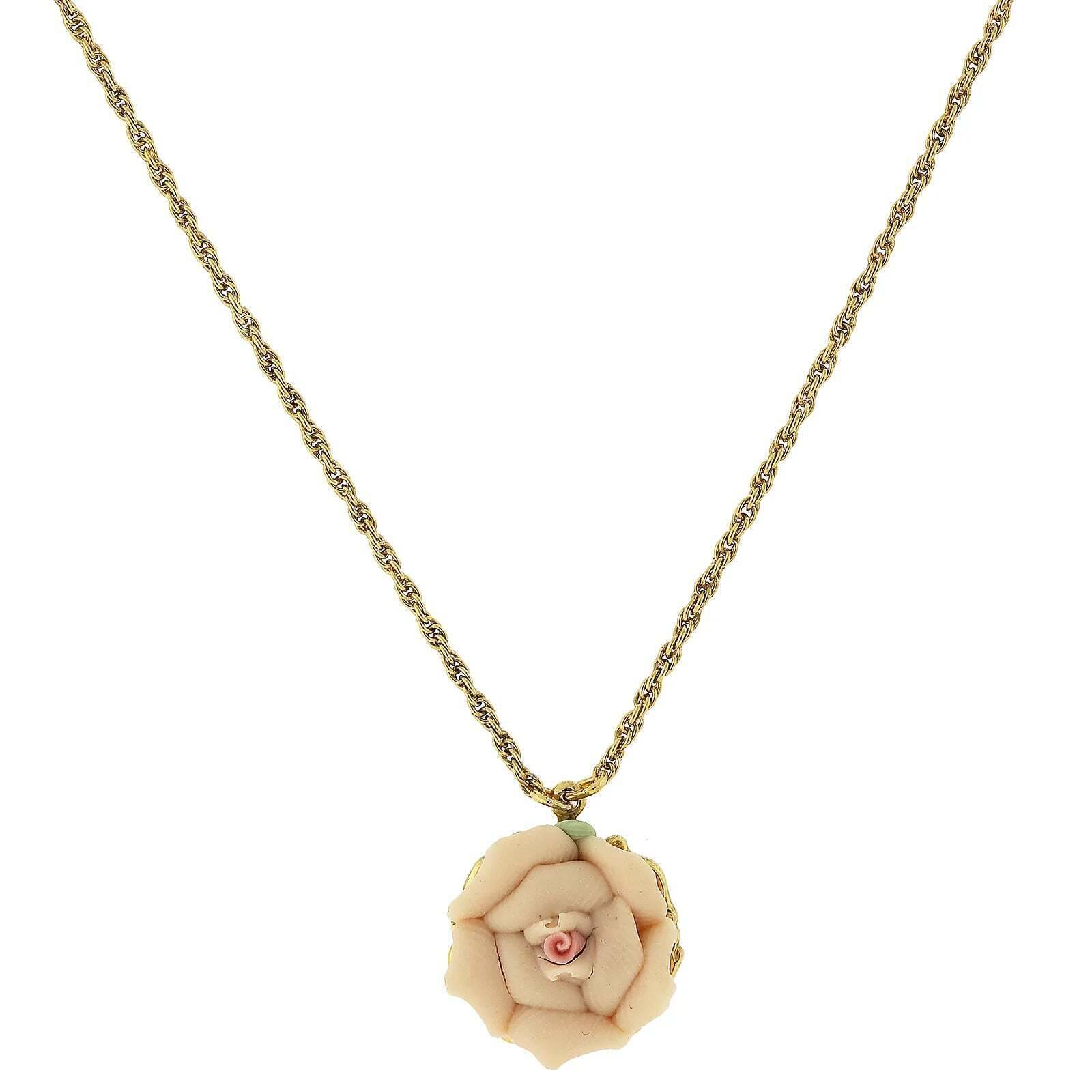 1928 Jewelry Genuine Porcelain Rose Pendant Necklace 16" + 3" Extender