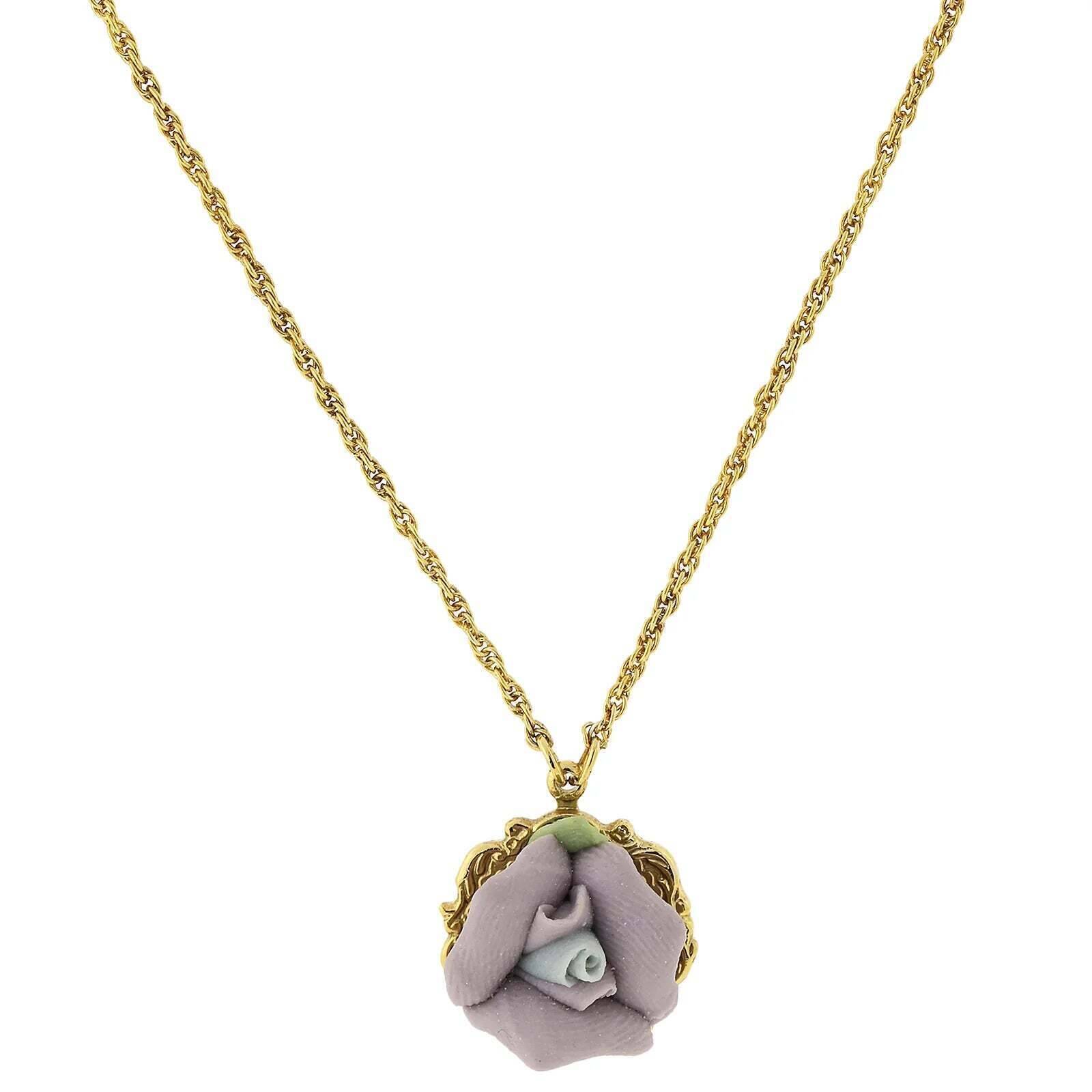 1928 Jewelry Genuine Porcelain Rose Pendant Necklace 16" + 3" Extender