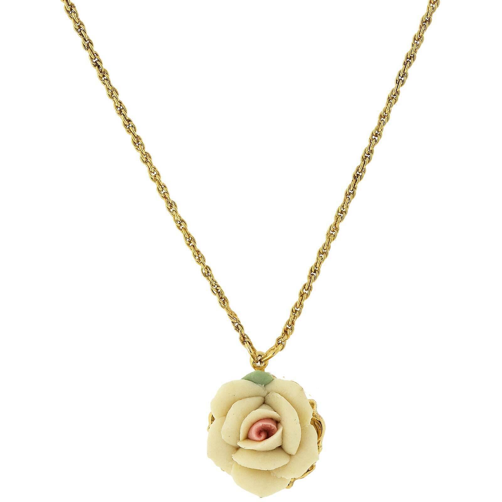 1928 Jewelry Genuine Porcelain Rose Pendant Necklace 16" + 3" Extender