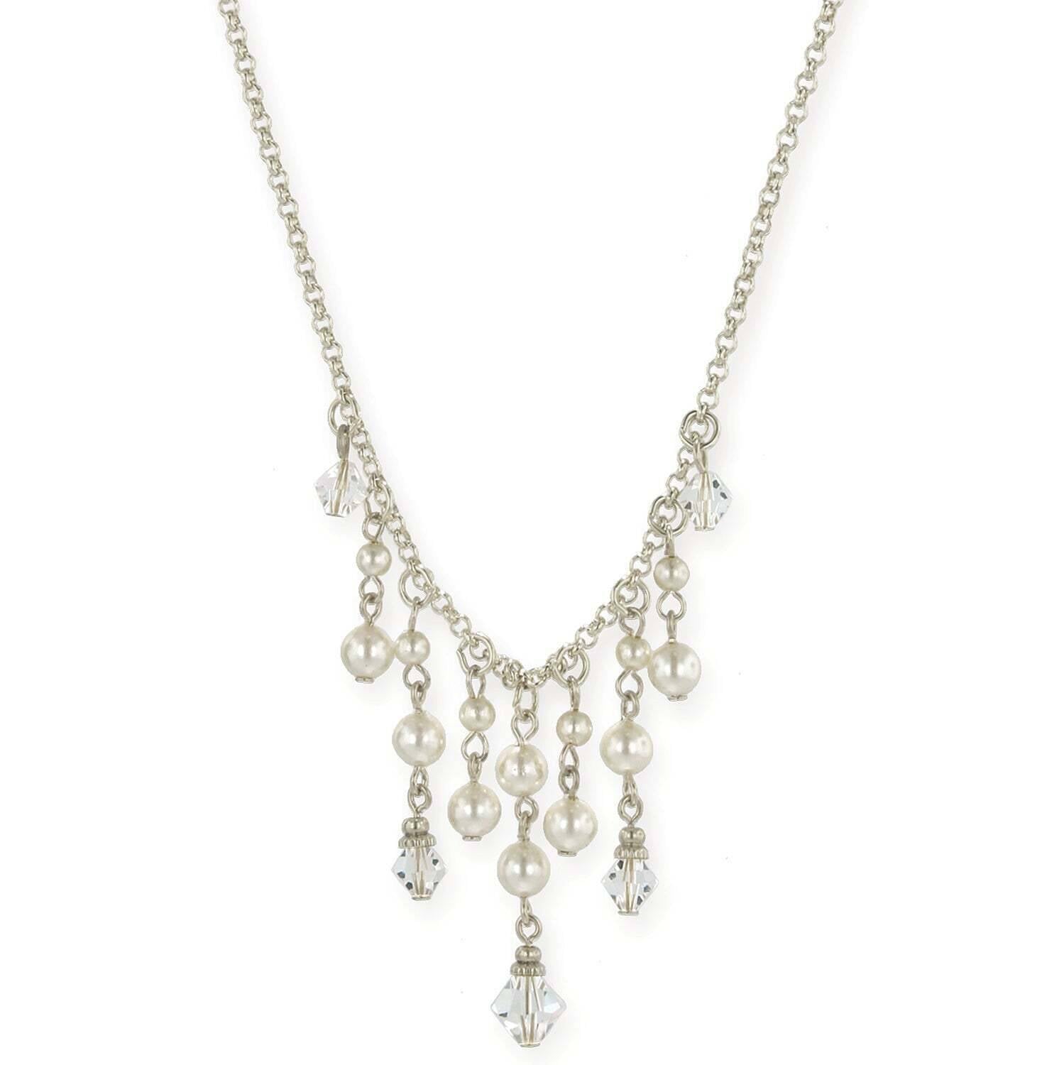 1928 Jewelry Faux Pearl And Crystal Bib Necklace 15" + 3" Extender