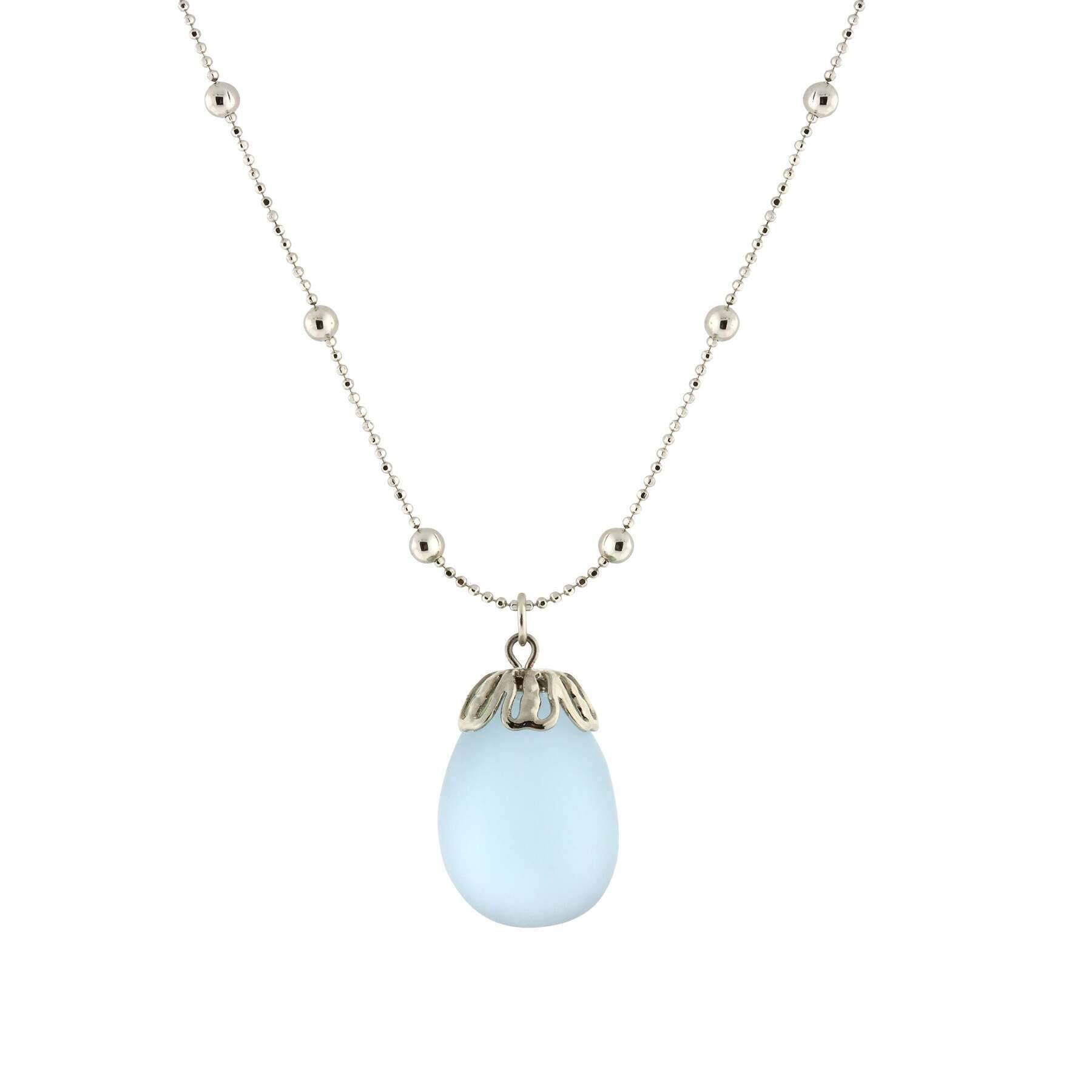 1928 Jewelry Frosted Glass Egg Pendant Beaded Chain Necklace 16" + 3" Extender