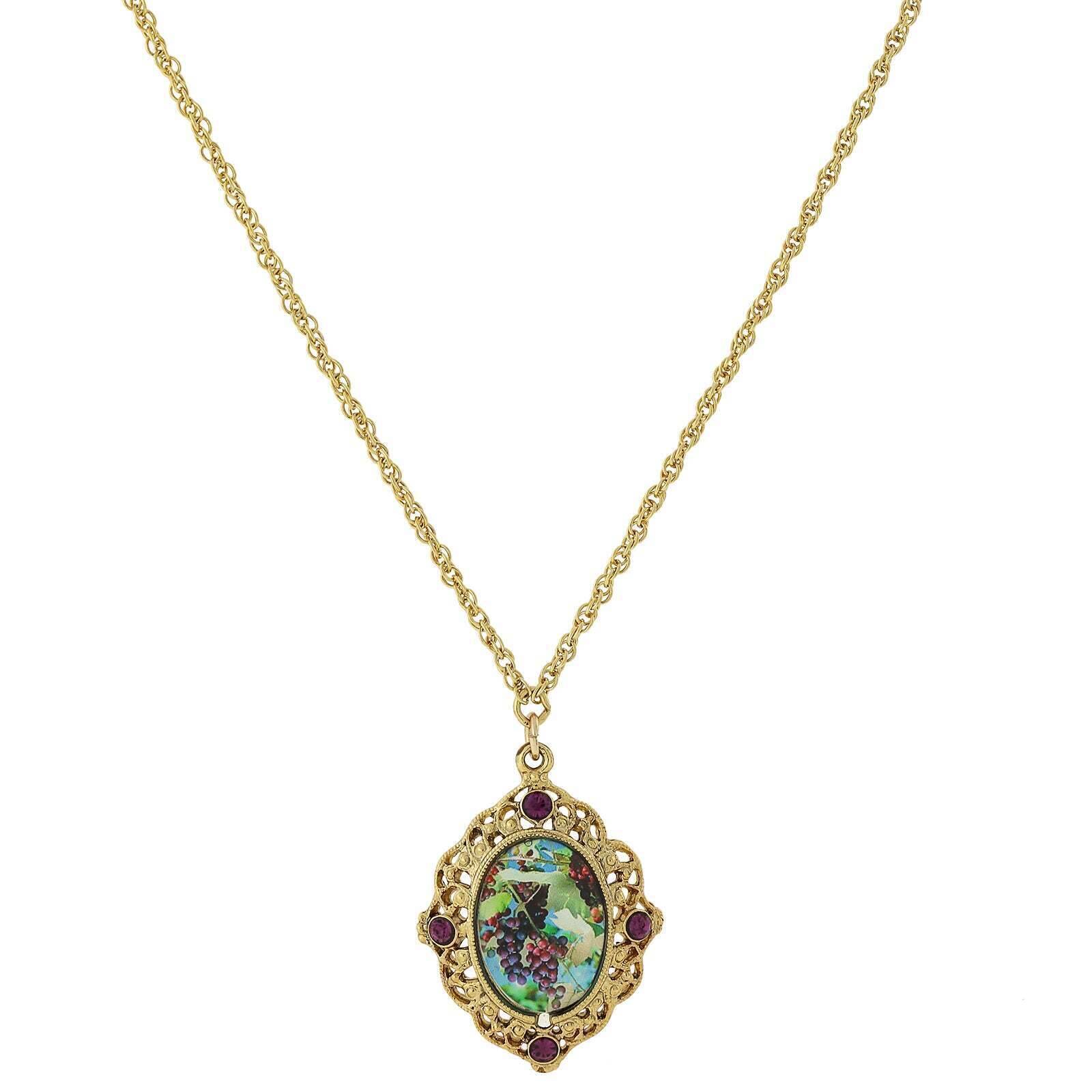 1928 Jewelry Winery Grapes Decal Purple Accent Filigree Pendant Necklace 16" + 3" Extender