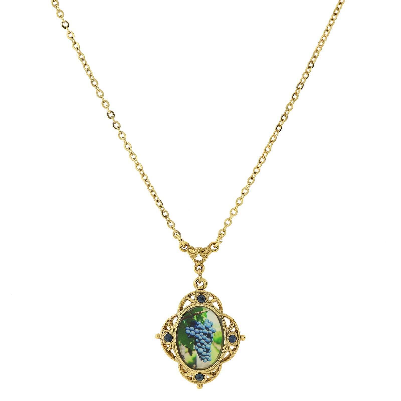 1928 Jewelry Winery Montana Blue Accent Purple Grapes Decal Pendant Necklace 16" + 3" Extender