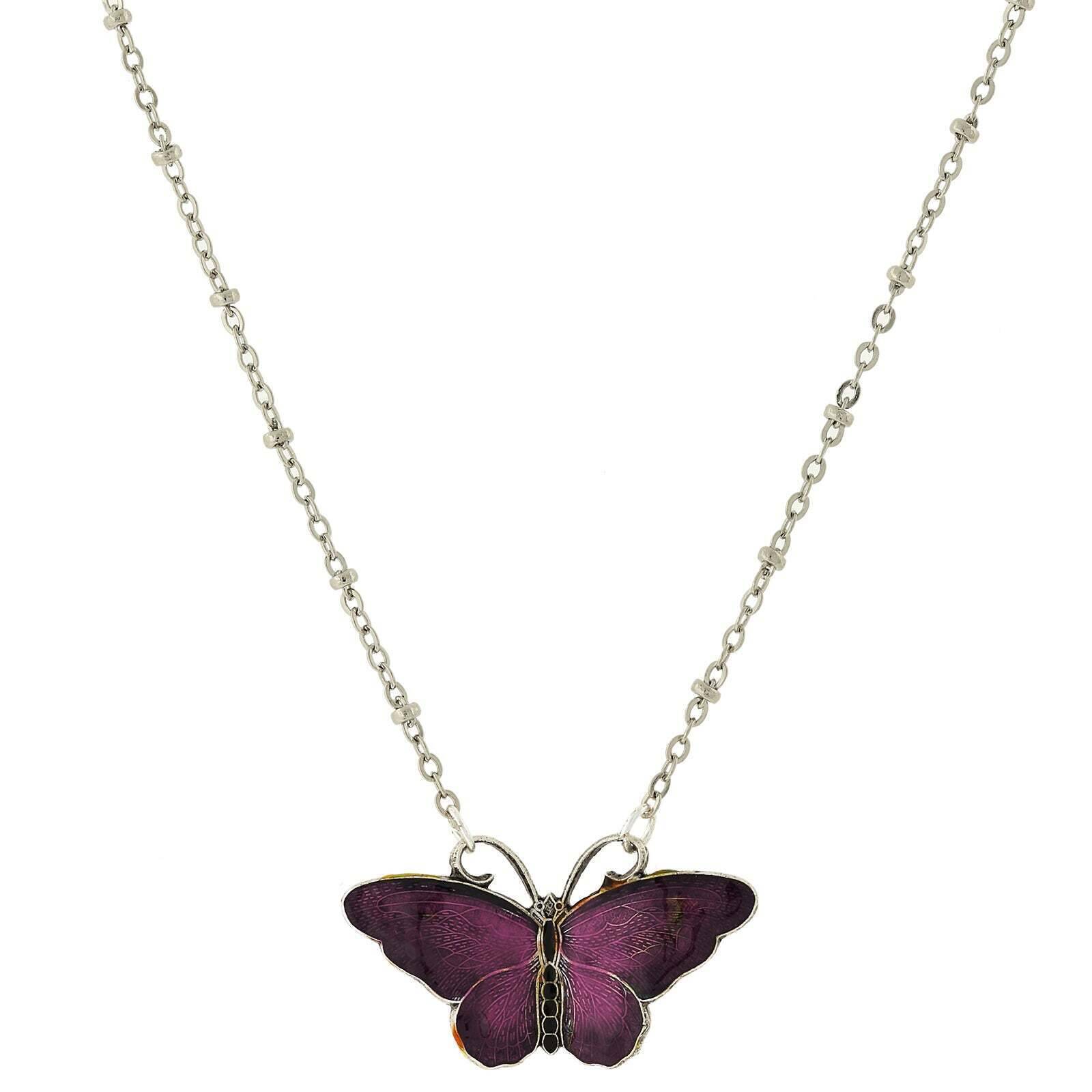 1928 Jewelry Butterfly's Dance Enamel Pendant Necklace 16" + 3" Extender