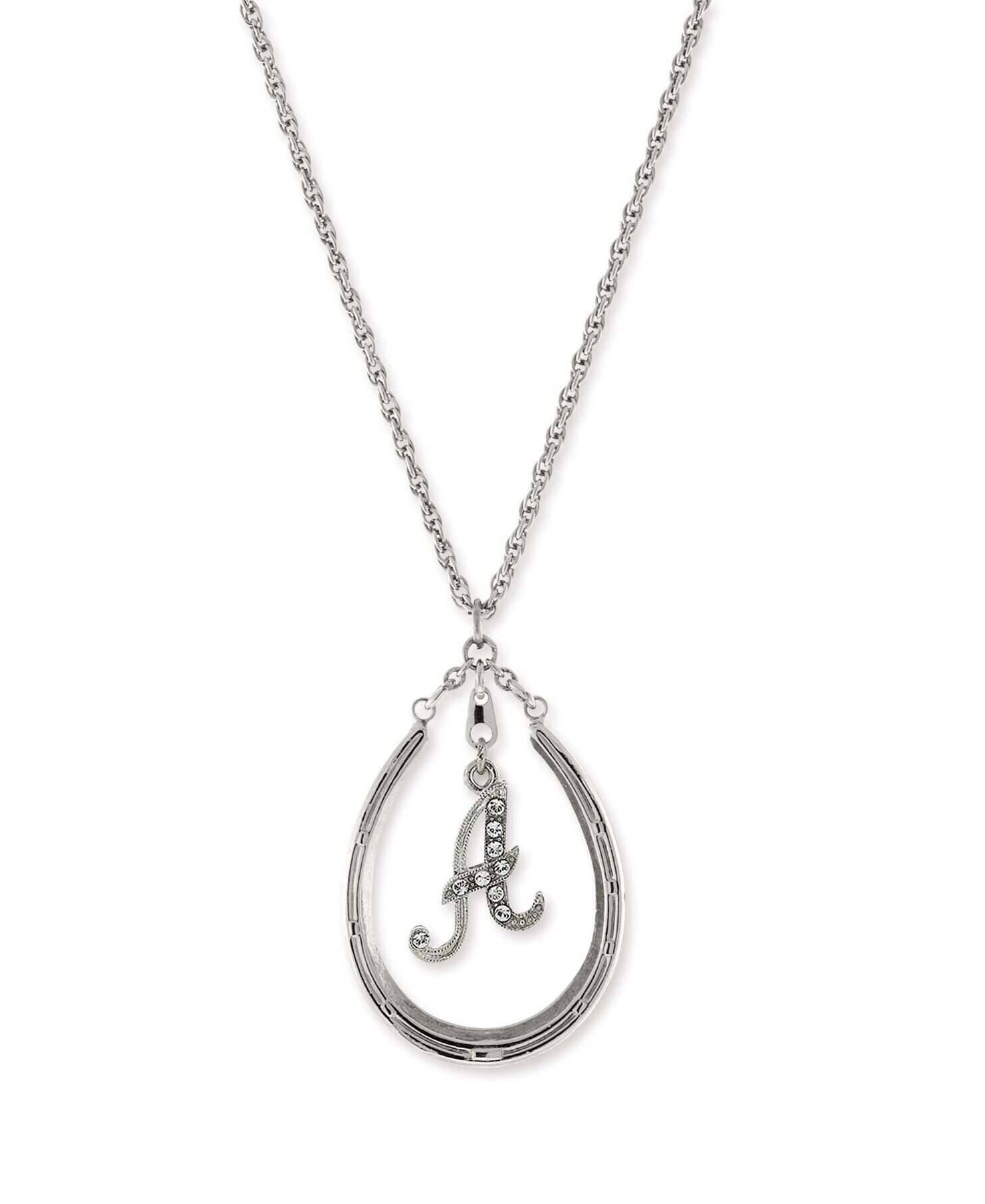 1928 Jewelry Pewter Horseshoe Crystal Initial Necklace 16" + 3" Extender