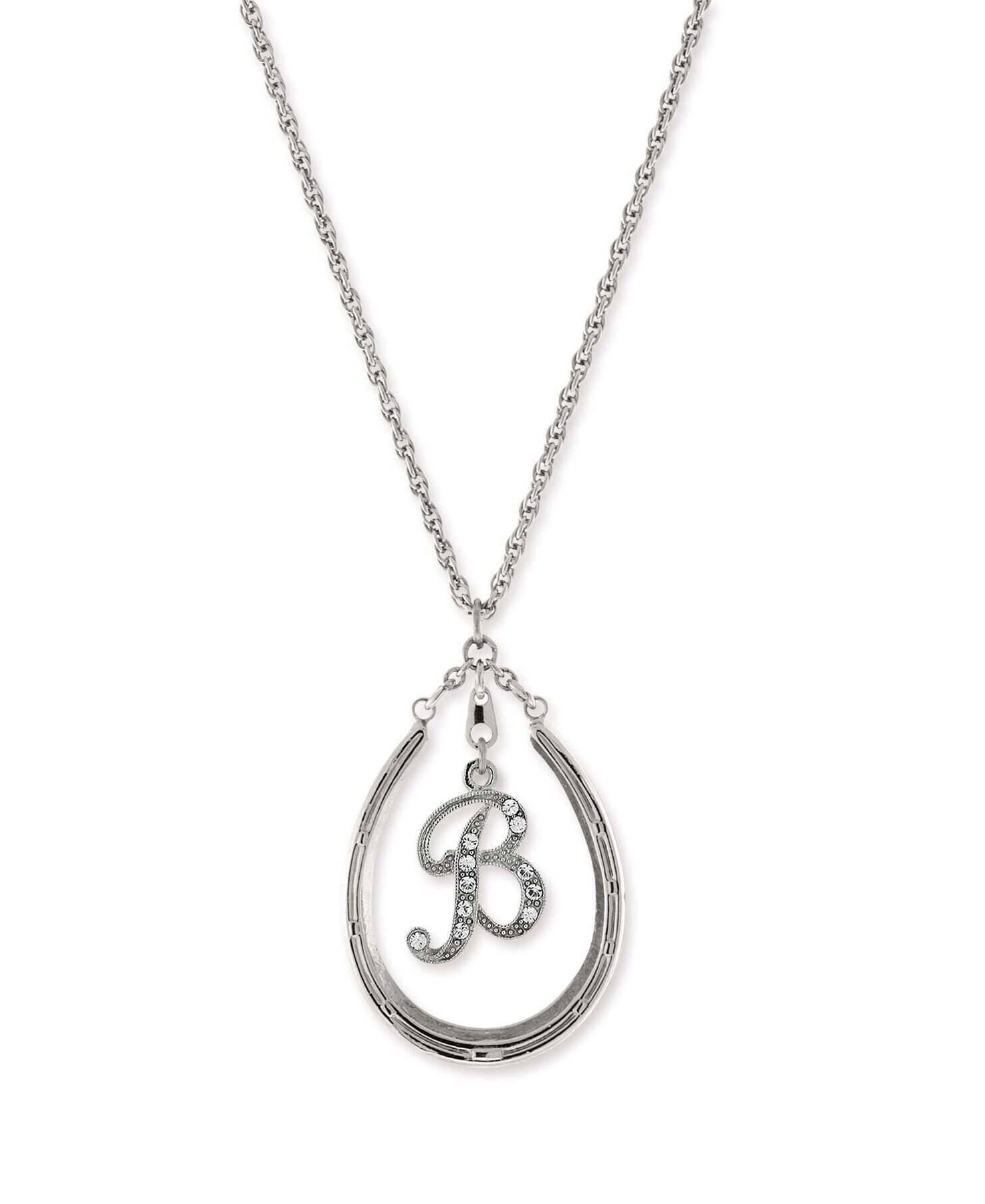 1928 Jewelry Pewter Horseshoe Crystal Initial Necklace 16" + 3" Extender