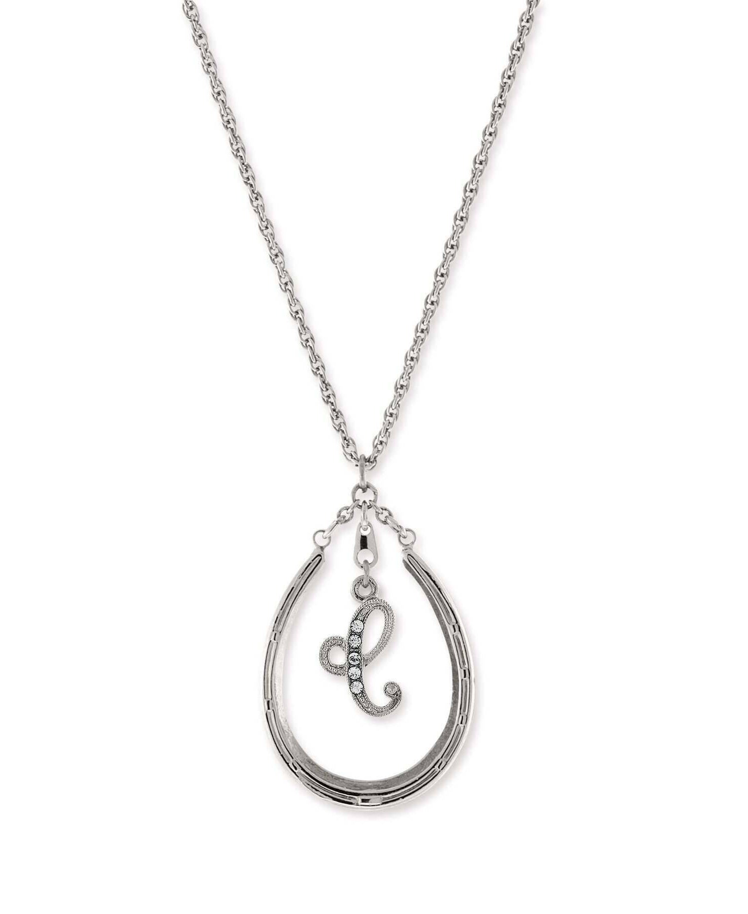 1928 Jewelry Pewter Horseshoe Crystal Initial Necklace 16" + 3" Extender