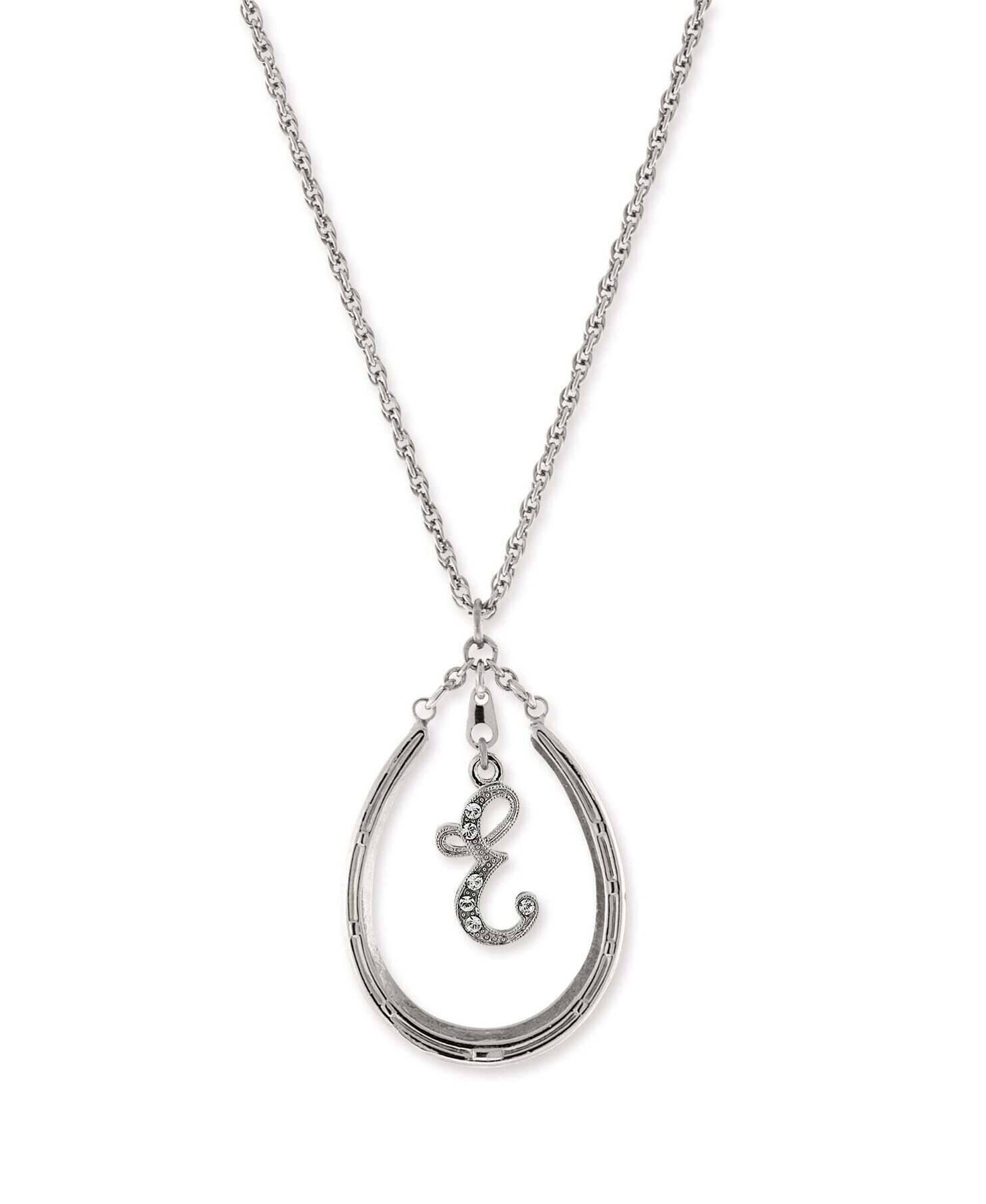 1928 Jewelry Pewter Horseshoe Crystal Initial Necklace 16" + 3" Extender