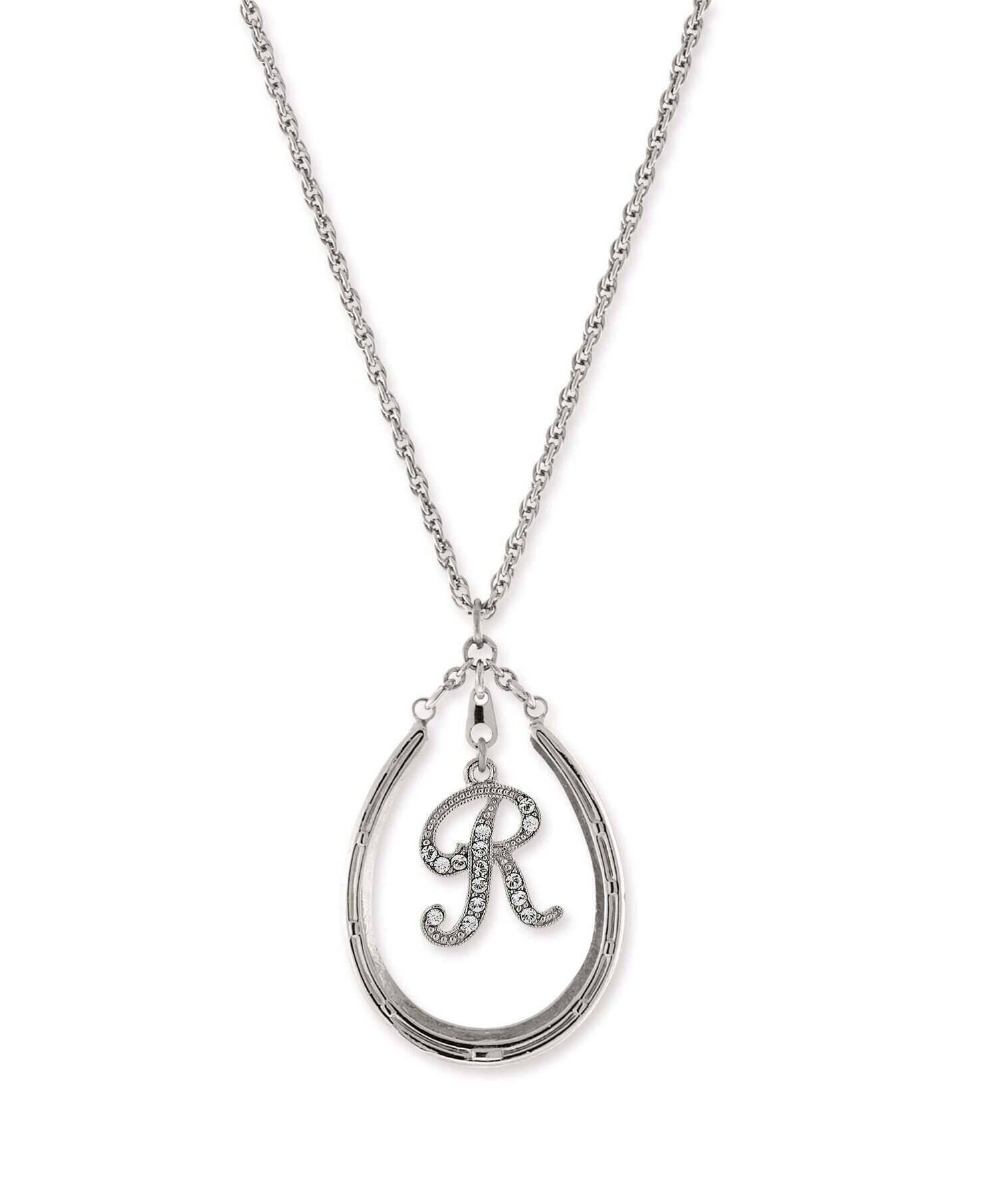 1928 Jewelry Pewter Horseshoe Crystal Initial Necklace 16" + 3" Extender