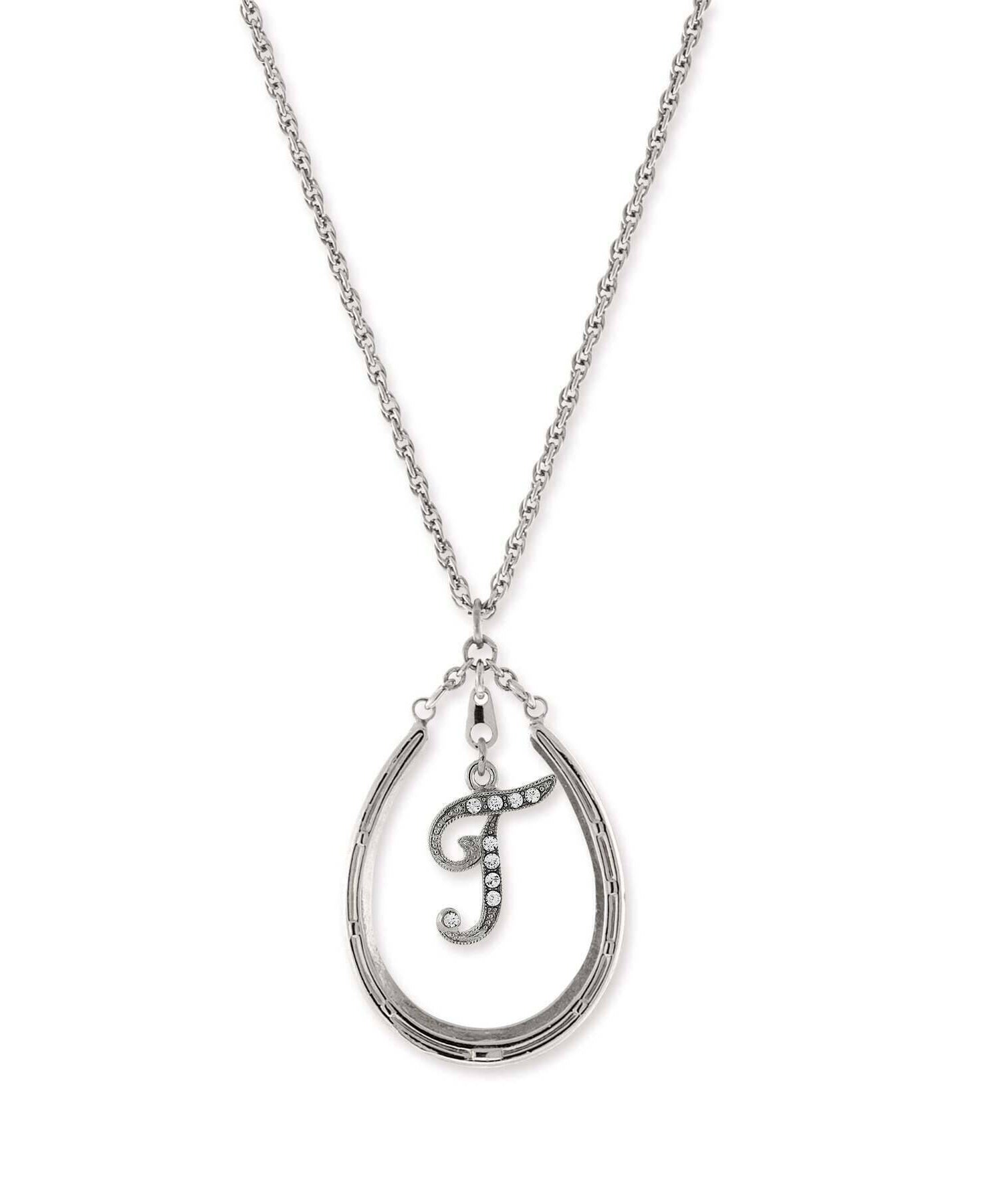 1928 Jewelry Pewter Horseshoe Crystal Initial Necklace 16" + 3" Extender