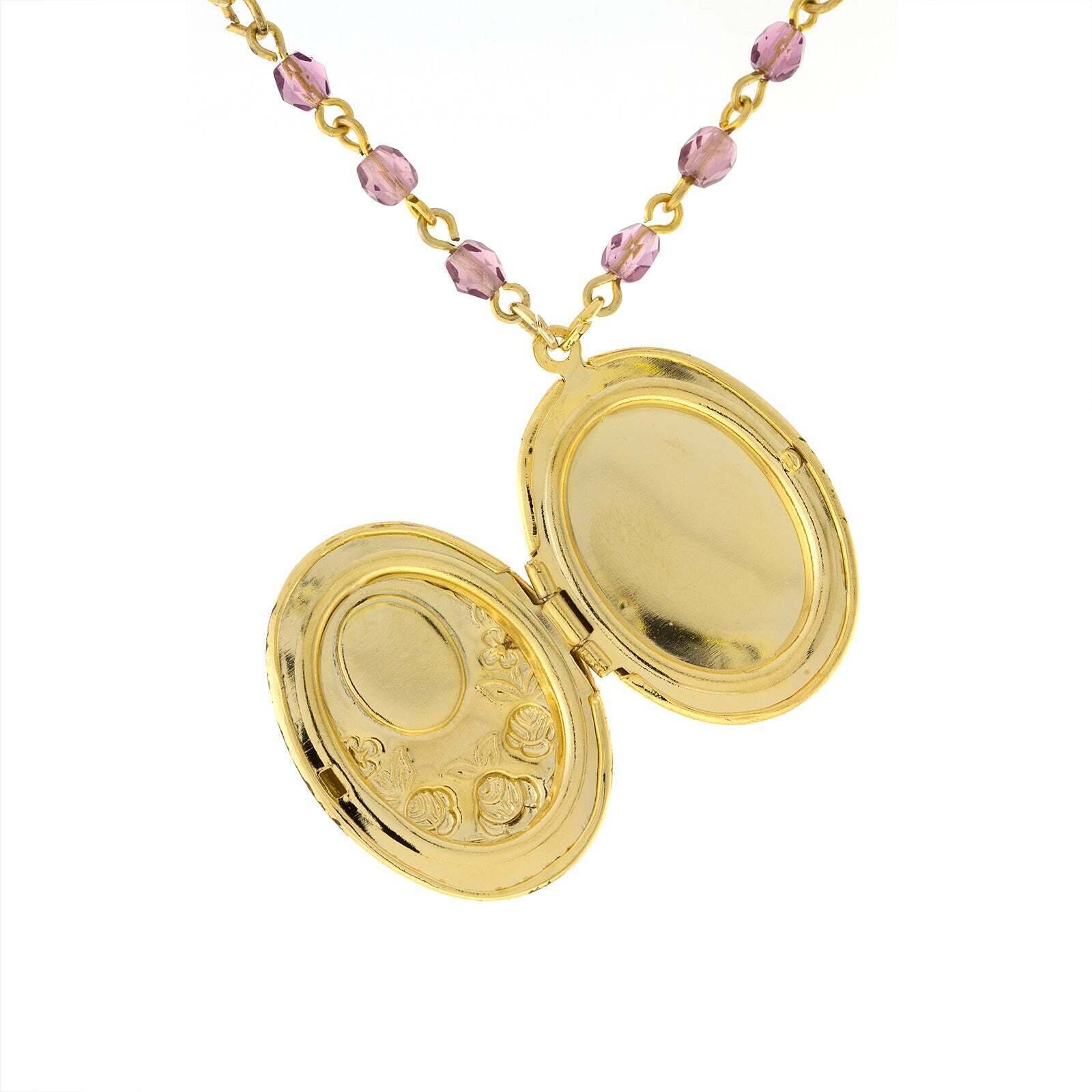 1928 Jewelry Manor House Pink And Purple Flower Beaded Locket Necklace 18" + 3" Extender
