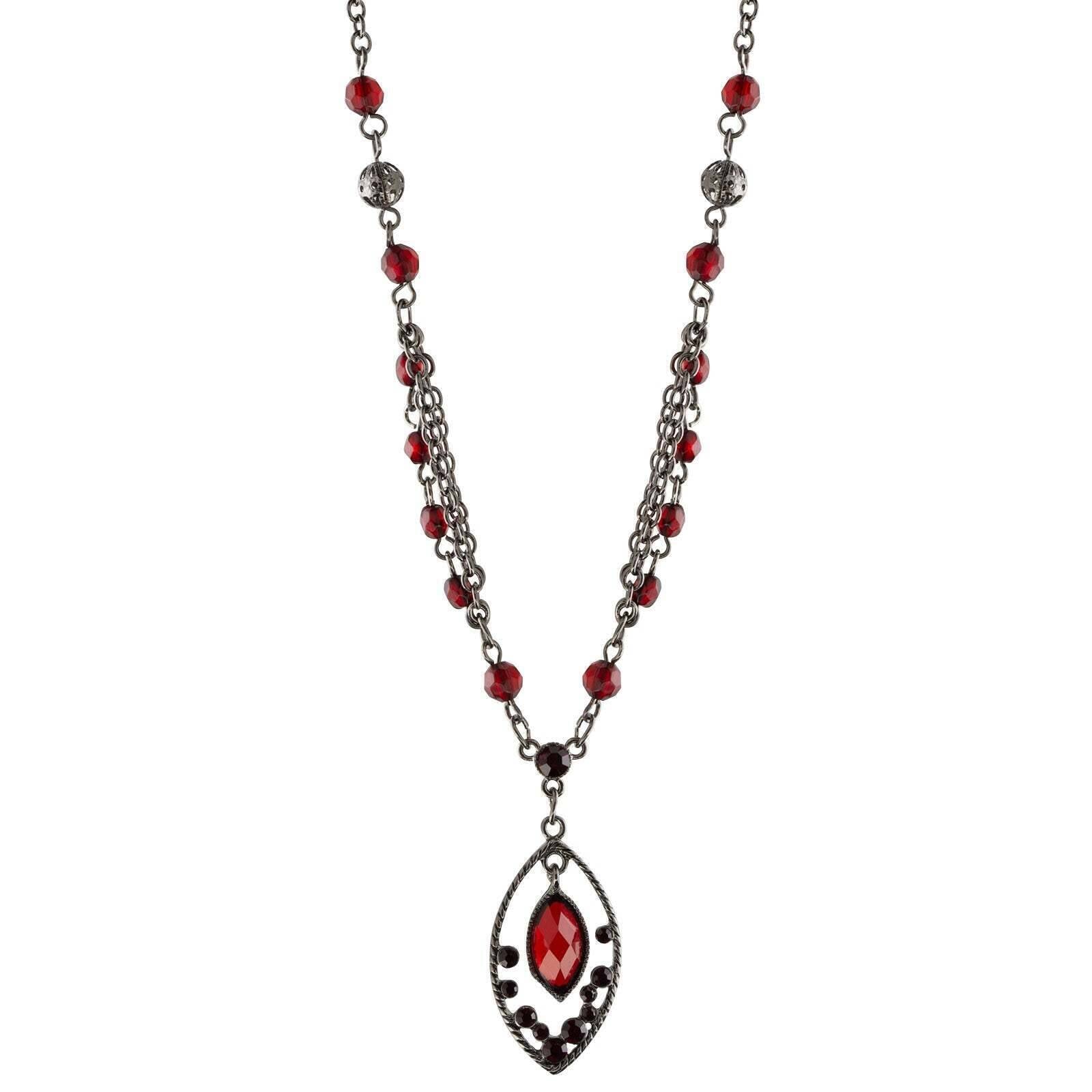 1928 Jewelry Red Faceted Oval Drop Pendant Necklace 16" + 3" Extender