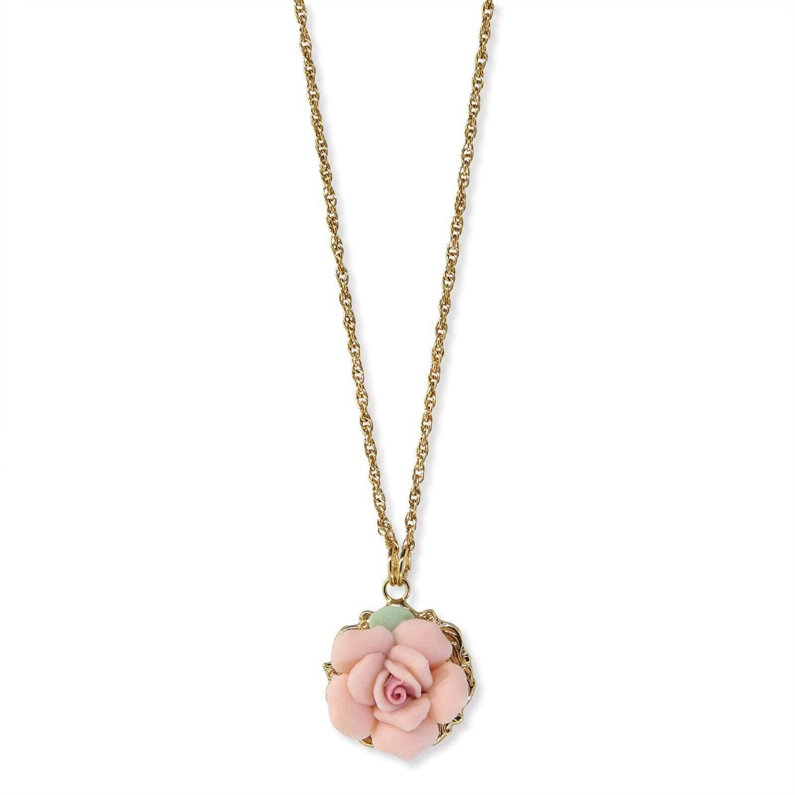 1928 Jewelry Genuine Porcelain Rose Pendant Necklace 16" + 3" Extender
