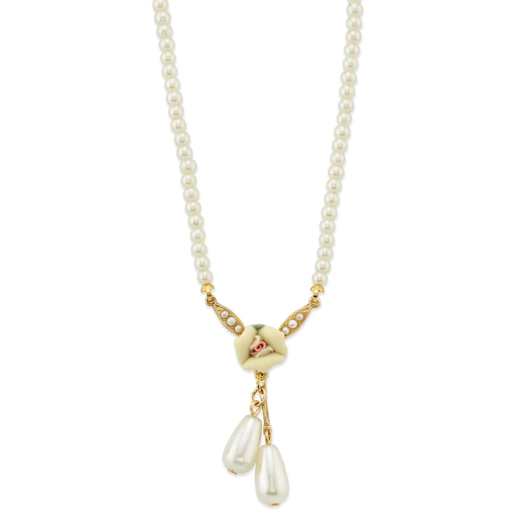 1928 Bridal Porcelain Rose And 3mm Faux Pearl Strand Drop Pendant Necklace 16" + 3" Extender