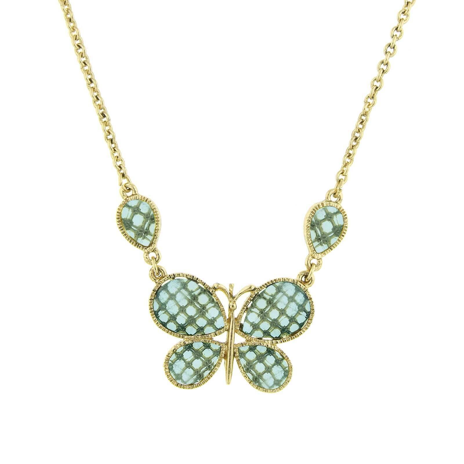 1928 Jewelry Light Aqua Blue Faceted Butterfly Pendant Necklace 16" + 3" Extender