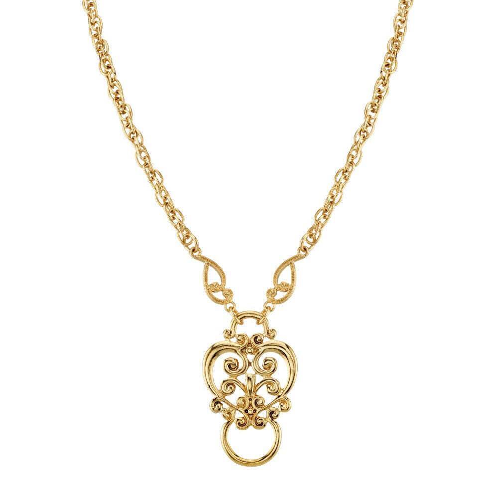 1928 Jewelry Heart Filigree Badge & Eyeglass Holder Chain Necklace 28"