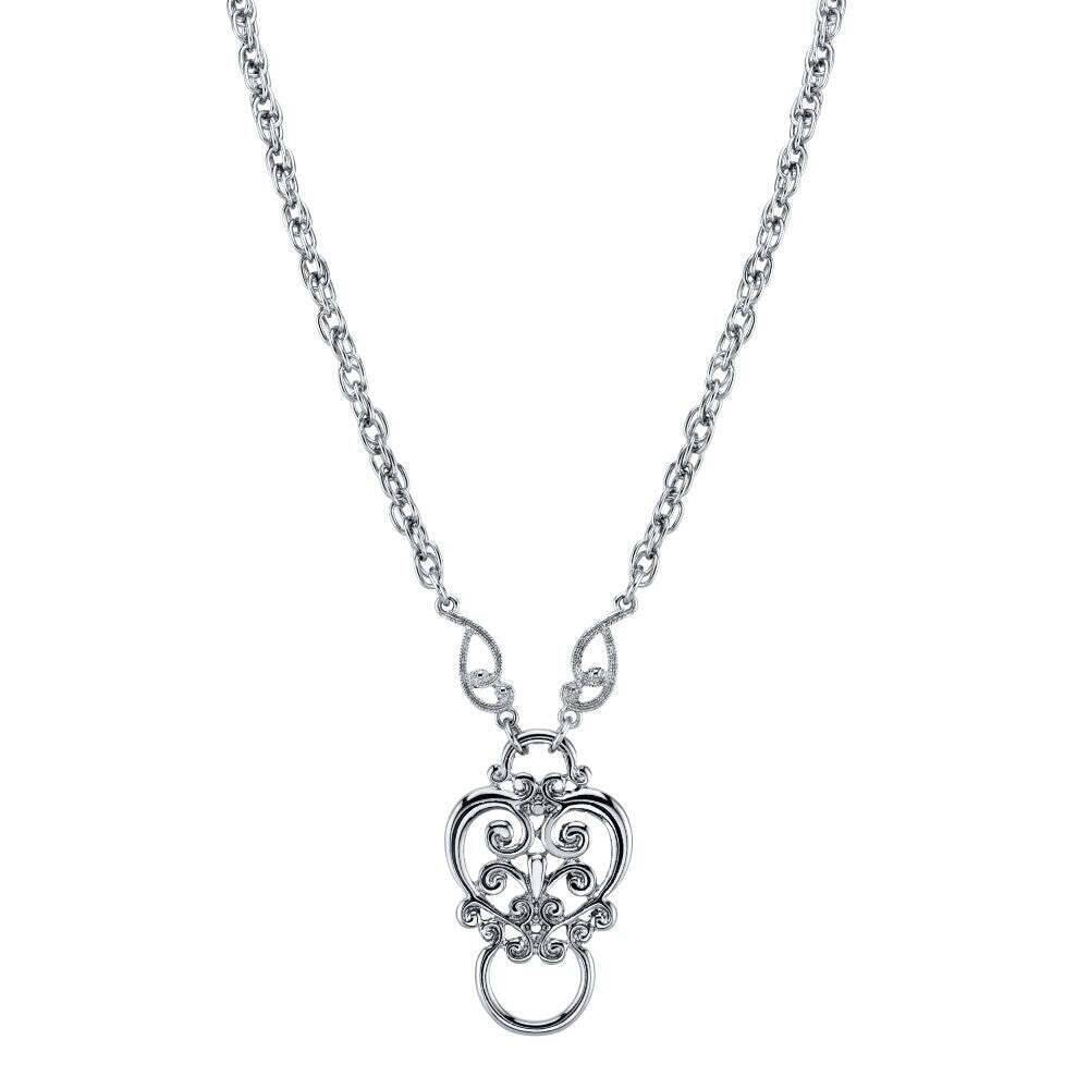 1928 Jewelry Heart Filigree Badge & Eyeglass Holder Chain Necklace 28"