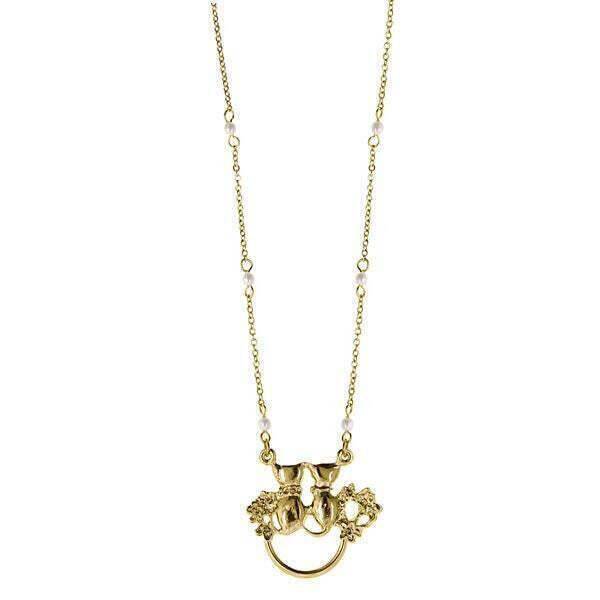 1928 Jewelry Faux Pearl Crystal Double Cat Badge & Eyeglass Holder Chain Necklace 28