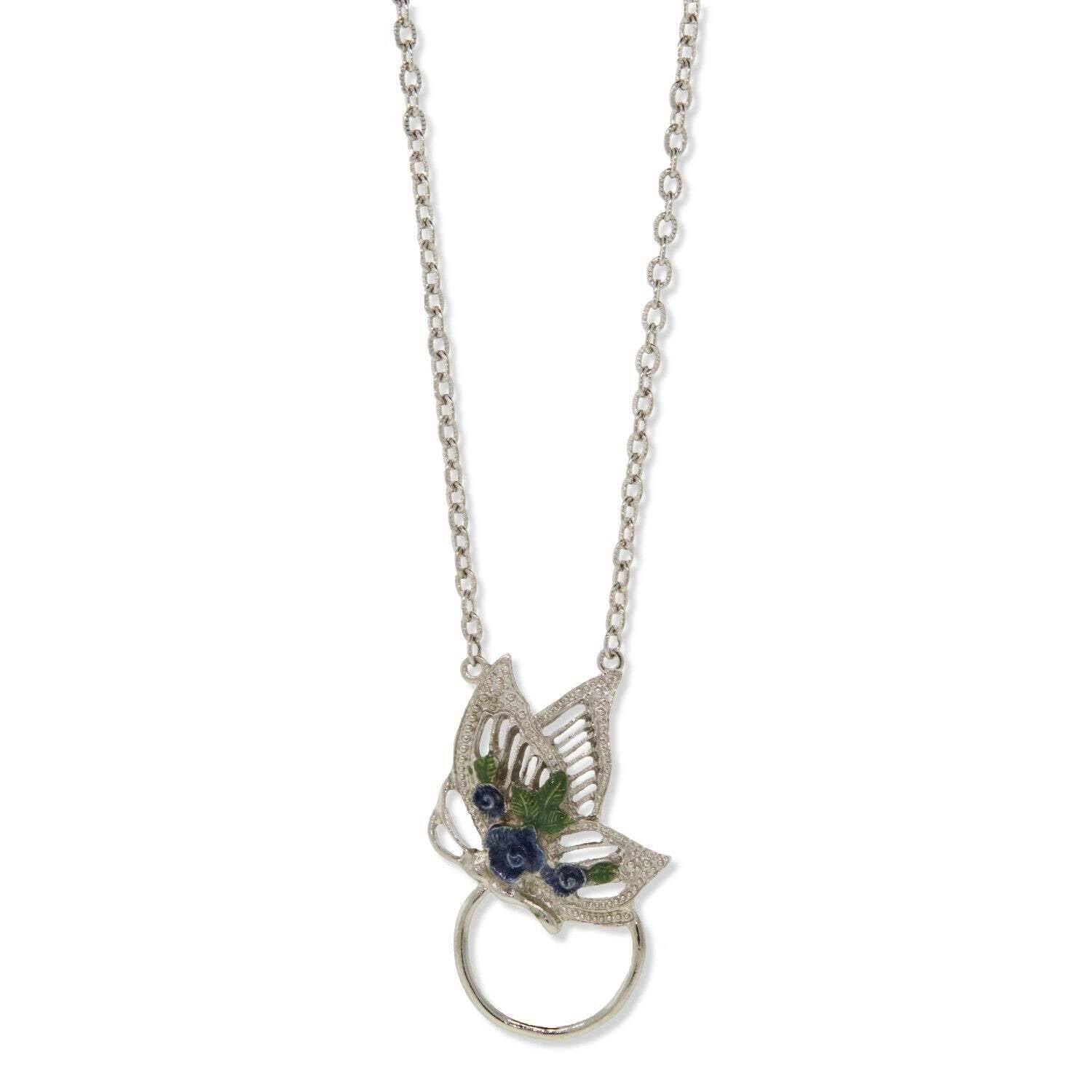 1928 Jewelry Floral Enamel Butterfly Badge & Eyeglass Holder Chain Necklace 28"
