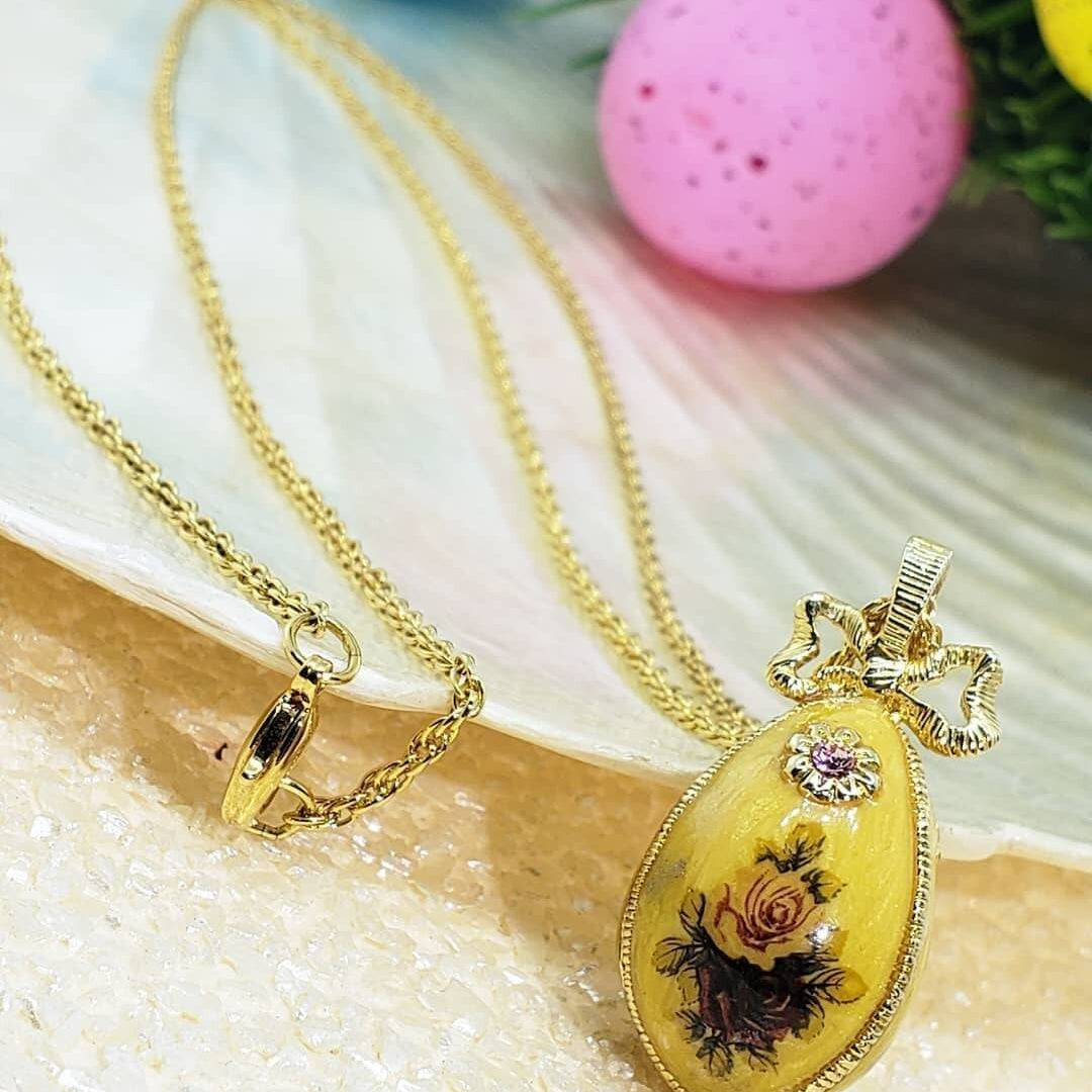 1928 Jewelry Manor House Rose Faberge Style Egg Pendant Necklace 36"