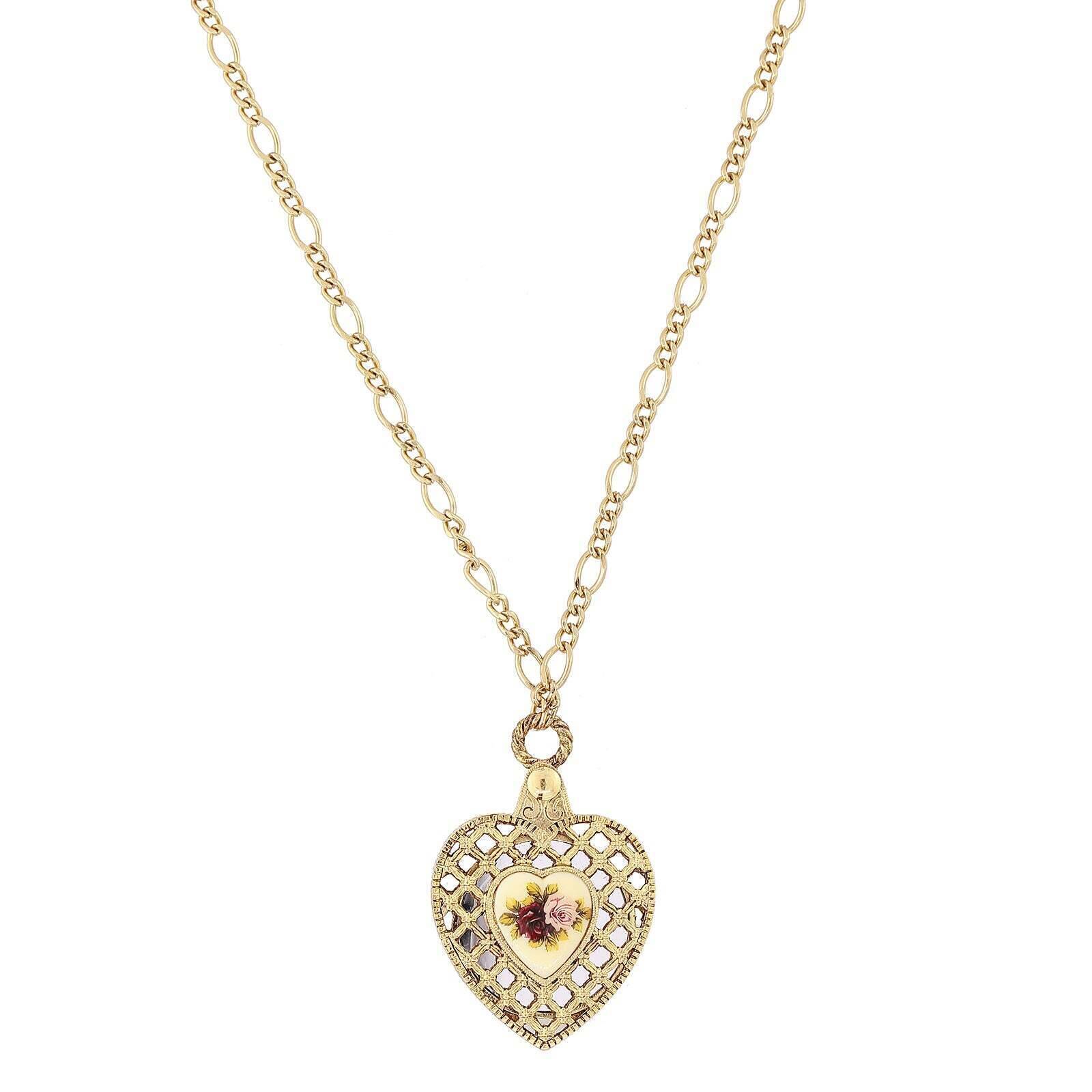 1928 Jewelry Manor House Pink & Purple Rose Heart Mirror Pendant Necklace 30"