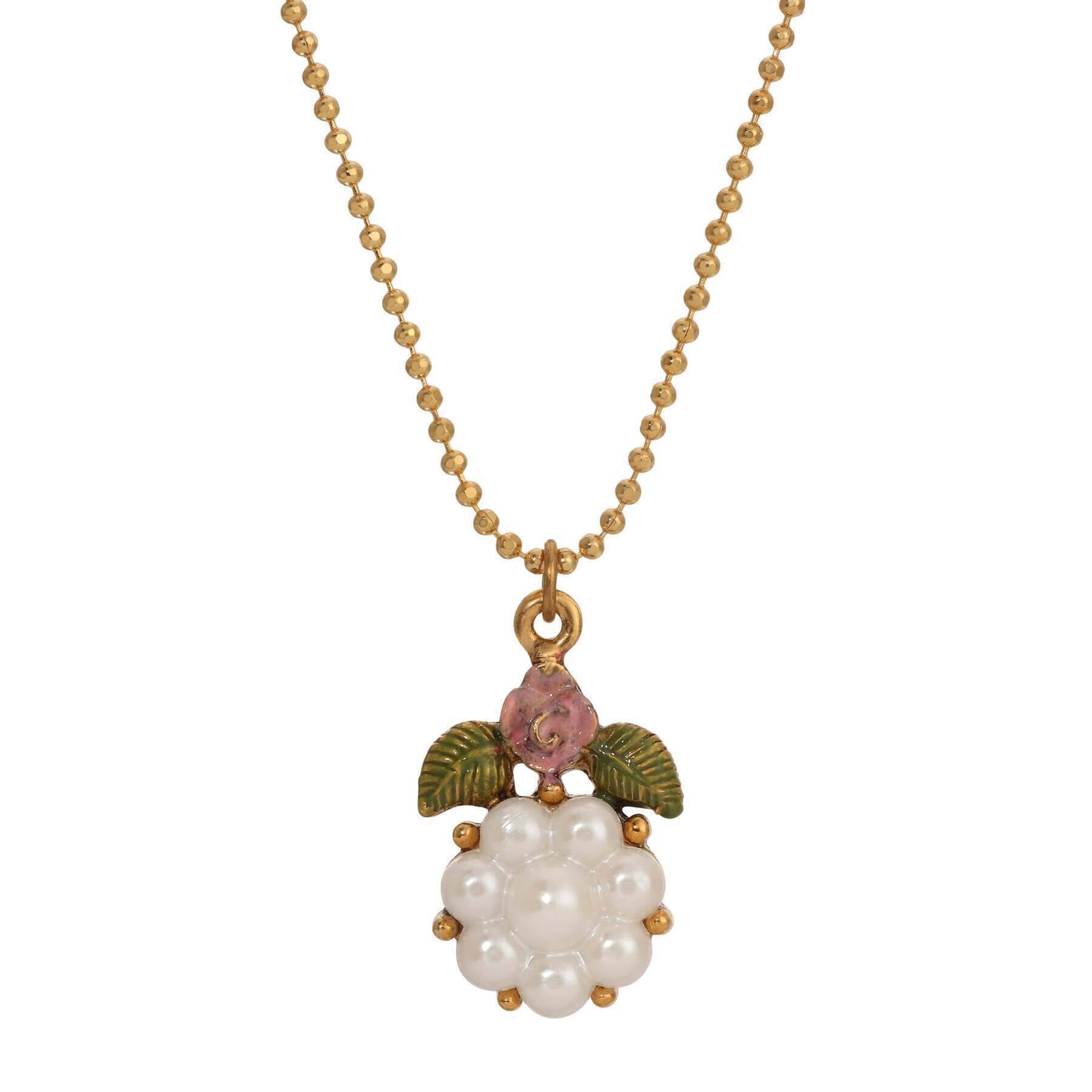 1928 Jewelry Pearly Eden Rose Enamel Faux Pearl Flower Pendant Necklace 16"