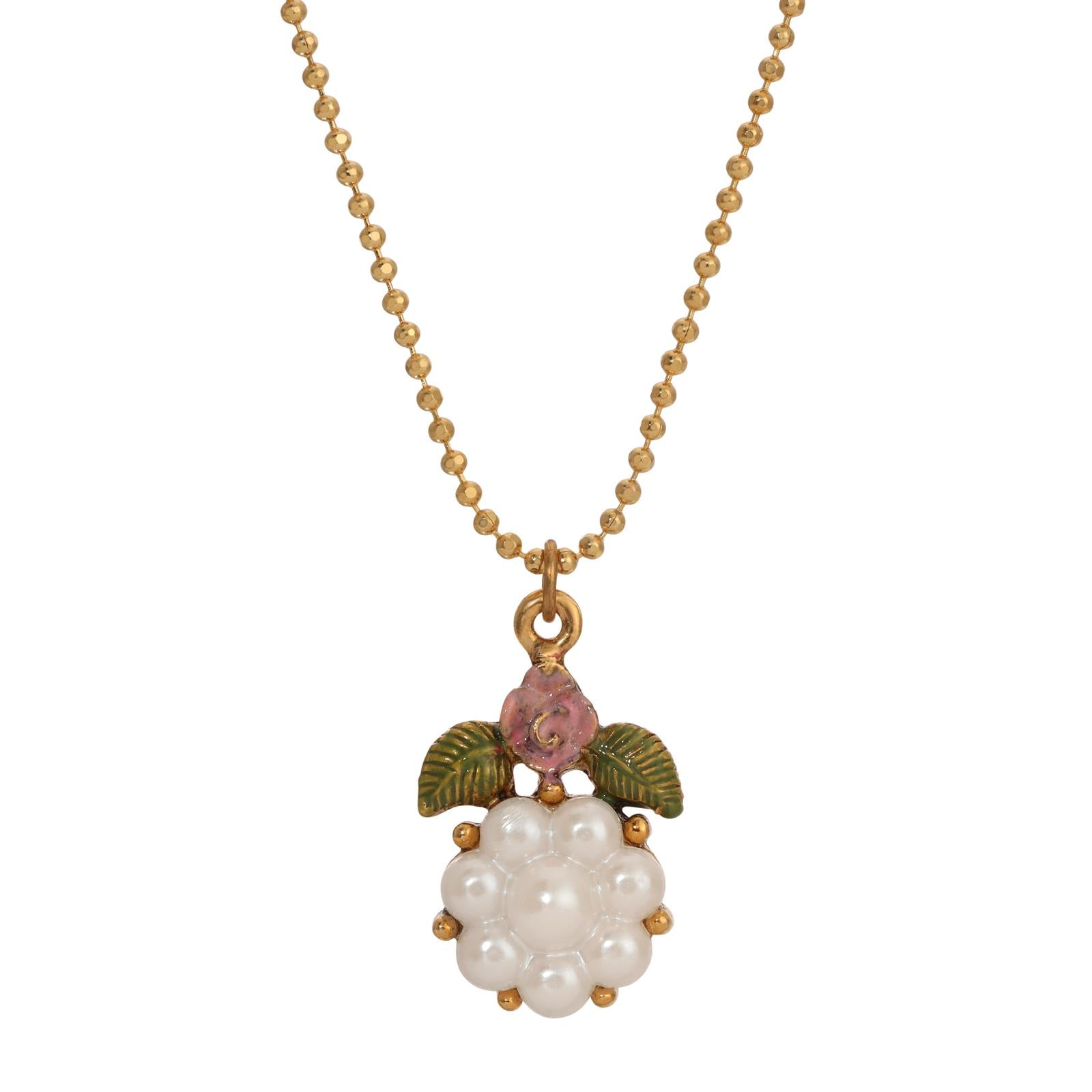 1928 Jewelry Pearly Eden Rose Enamel Faux Pearl Flower Pendant Necklace 16"