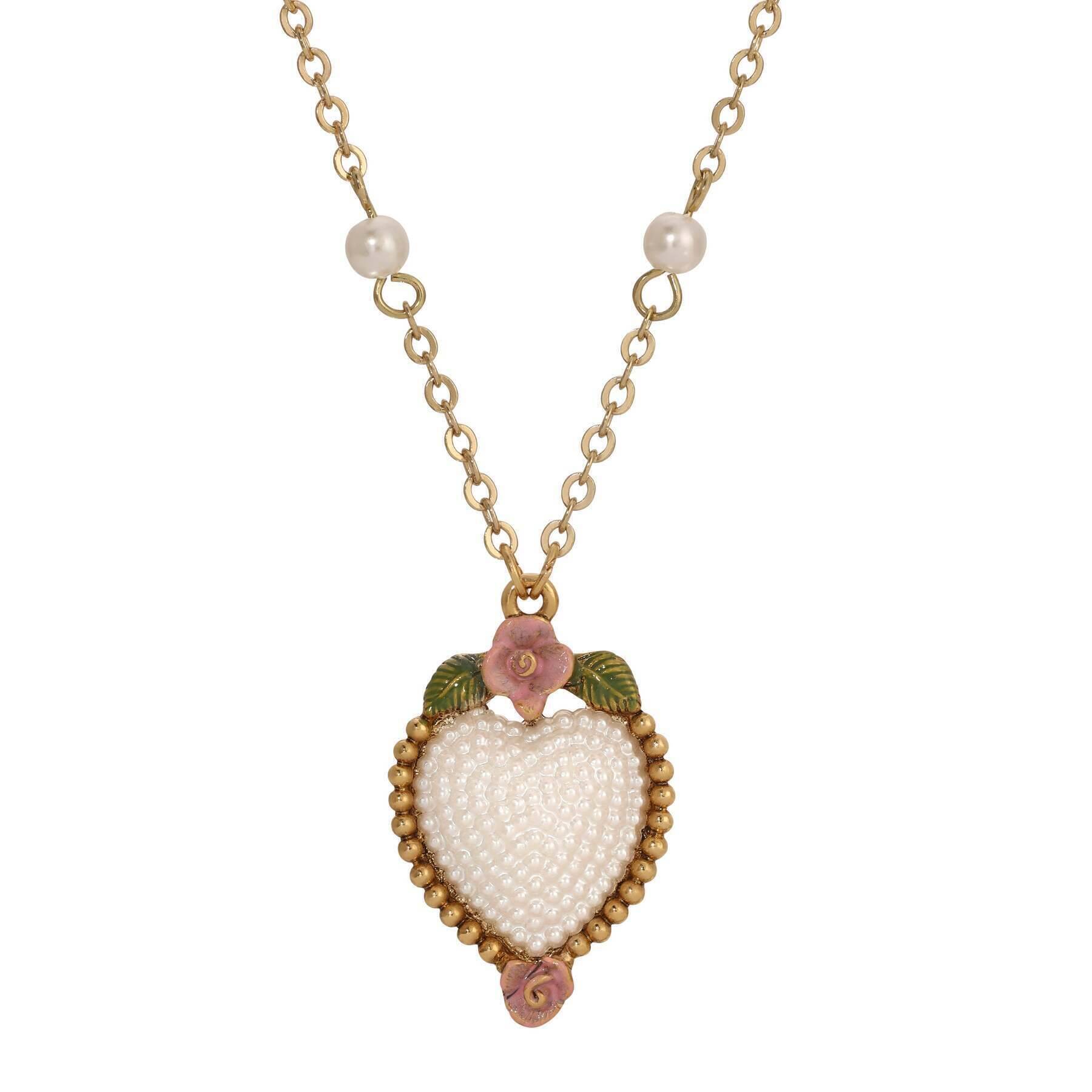 1928 Jewelry Pearly Eden Rose Enamel Faux Pearl Heart Pendant Necklace 16" + 3" Extender