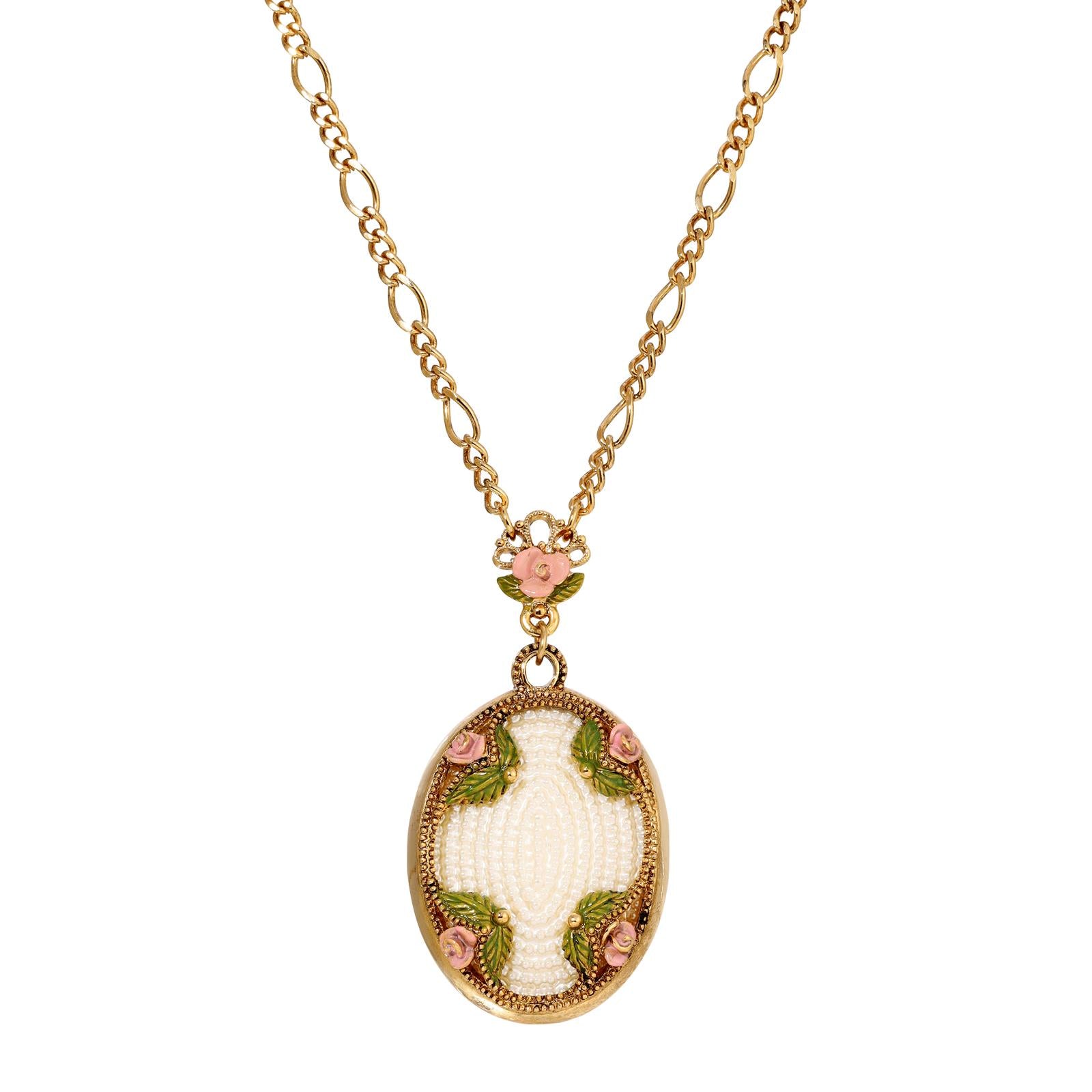 1928 Jewelry Pearly Eden Rose Enamel Faux Pearl Embossed Pendant Figaro Chain Necklace 30"L