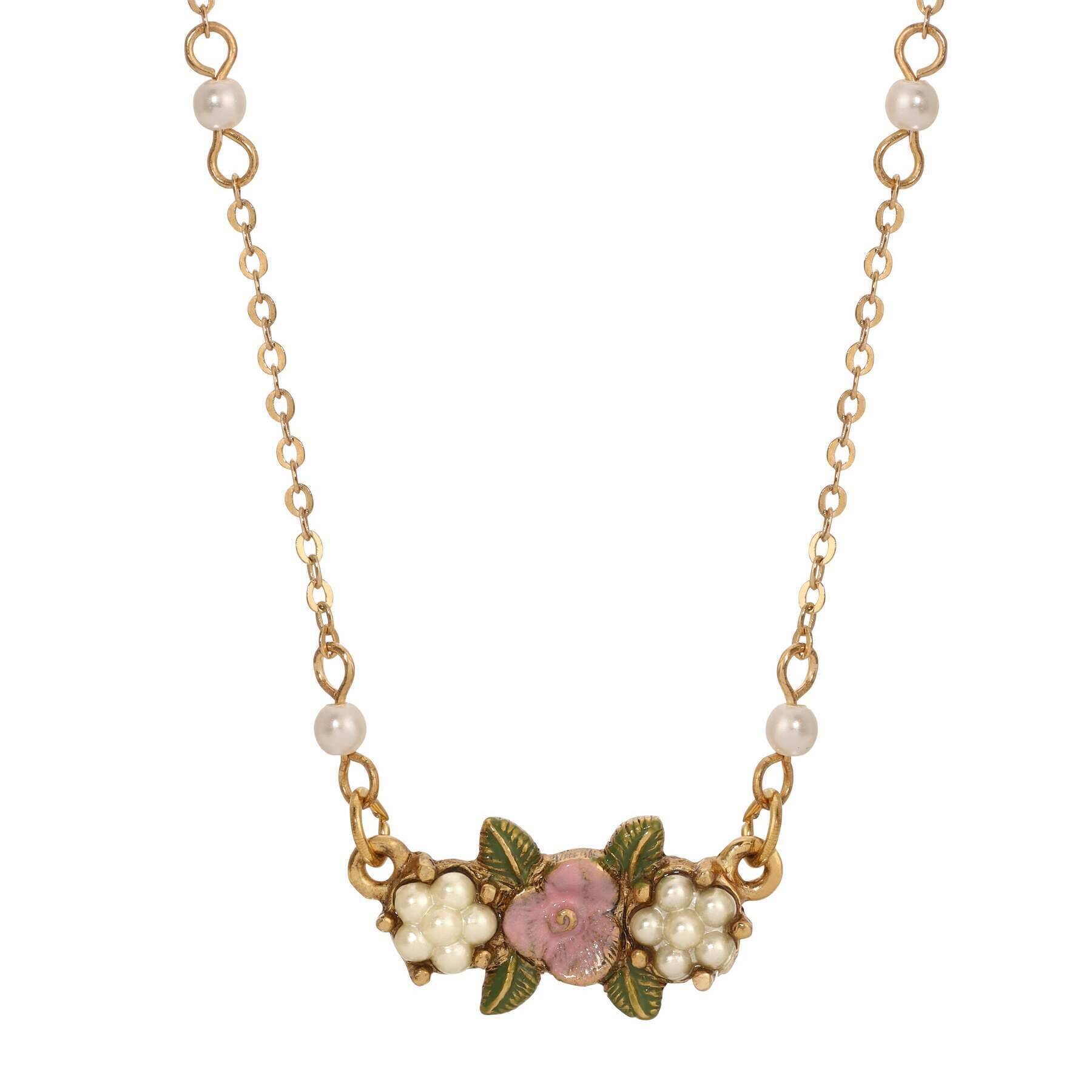 1928 Jewelry Pearly Eden Rose Enamel Faux Pearl Pendant Necklace 16" + 3" Extender