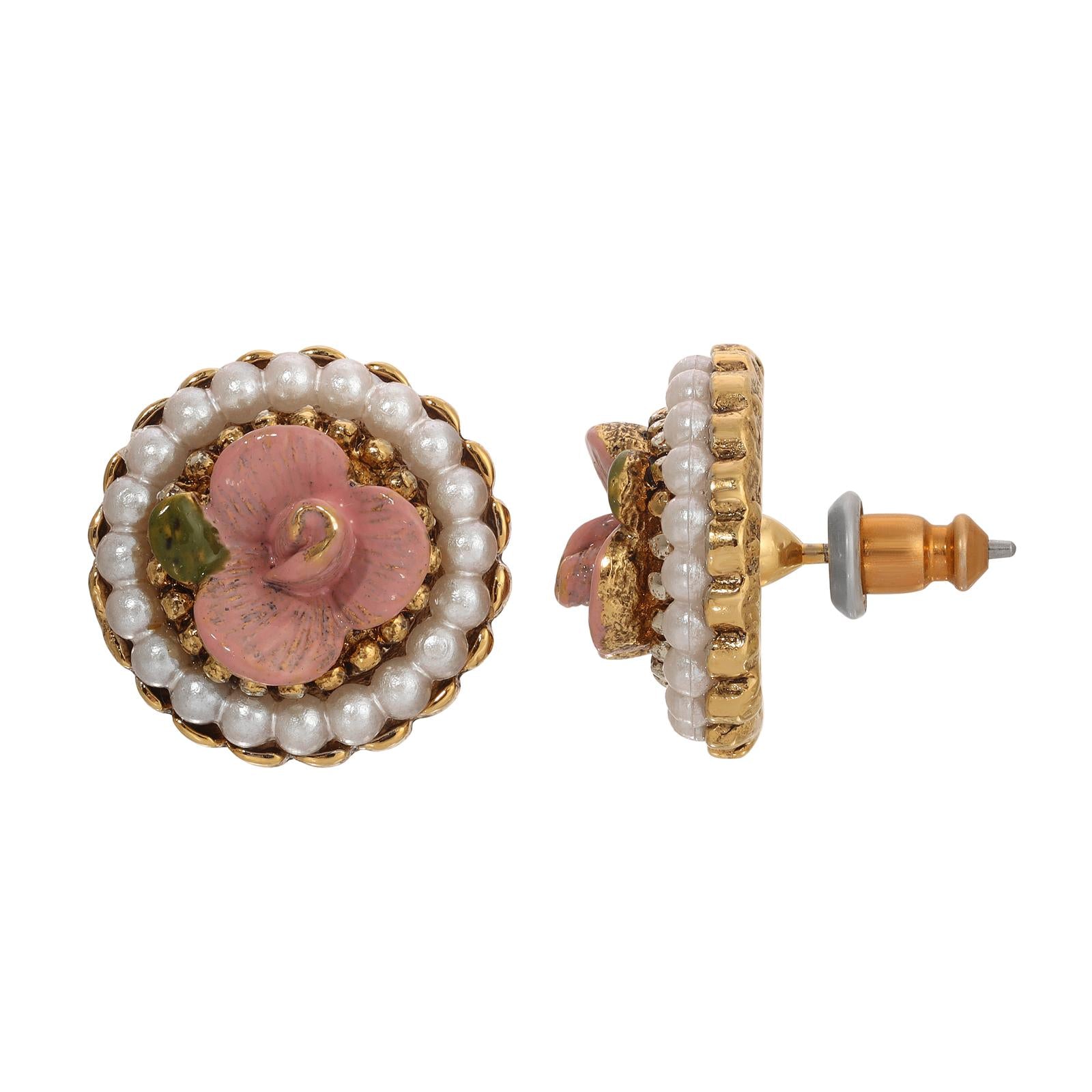 1928 Jewelry Pearly Eden Rose Enamel Faux Pearl Stud Earrings