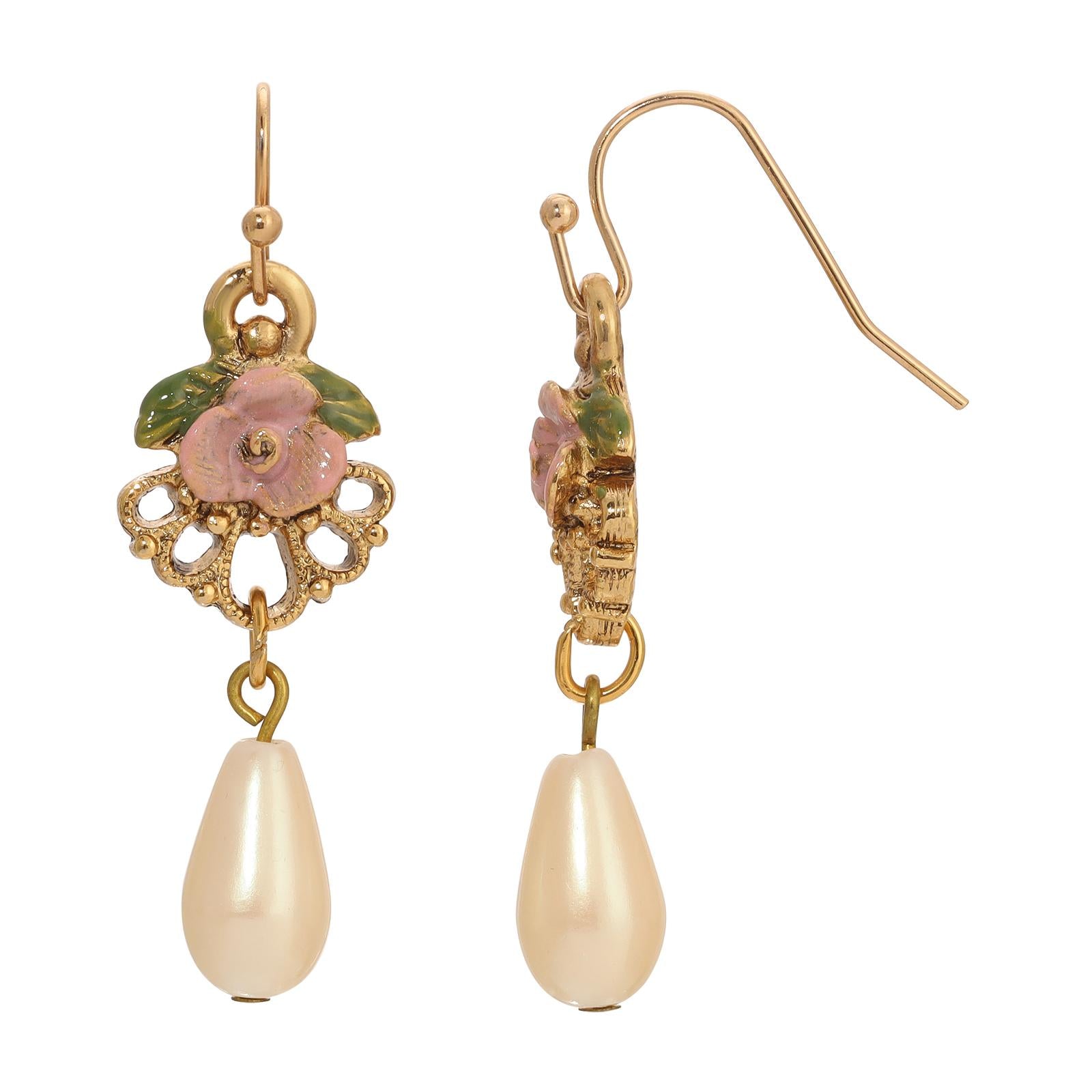 1928 Jewelry Pearly Eden Rose Enamel Teardrop Faux Pearl Dangle Earrings