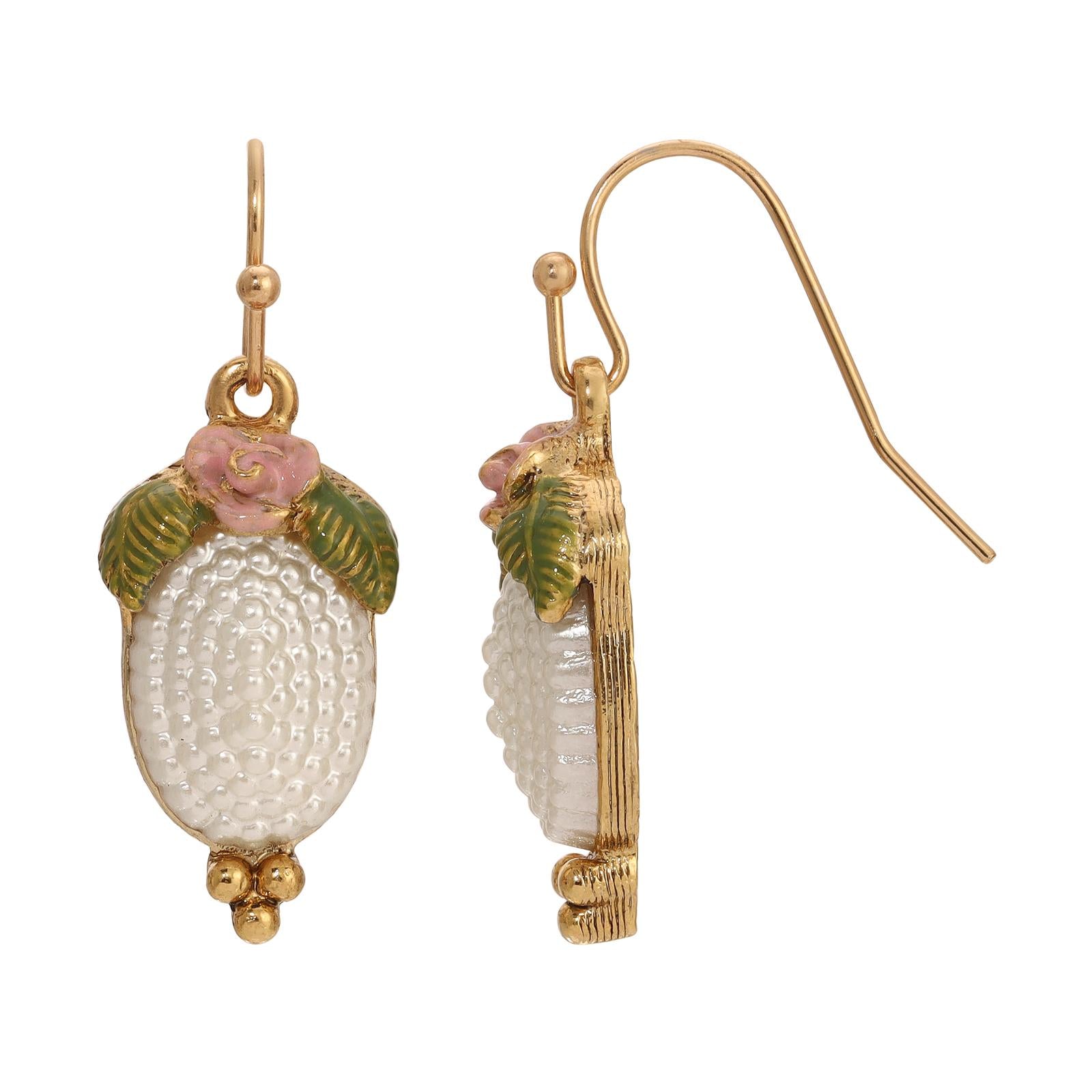 1928 Jewelry Pearly Eden Rose Enamel Oval Faux Pearl Drop Earrings