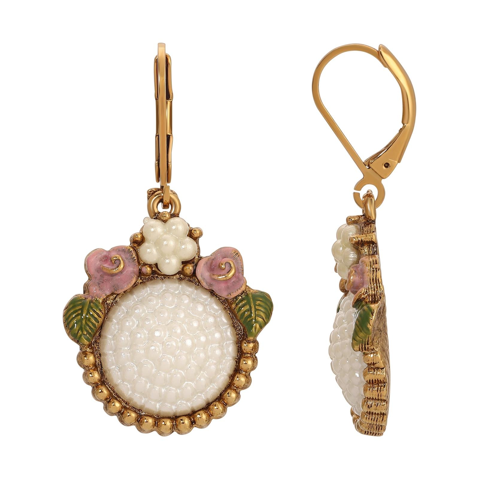1928 Jewelry Pearly Eden Rose Enamel Round Faux Pearl Drop Earrings