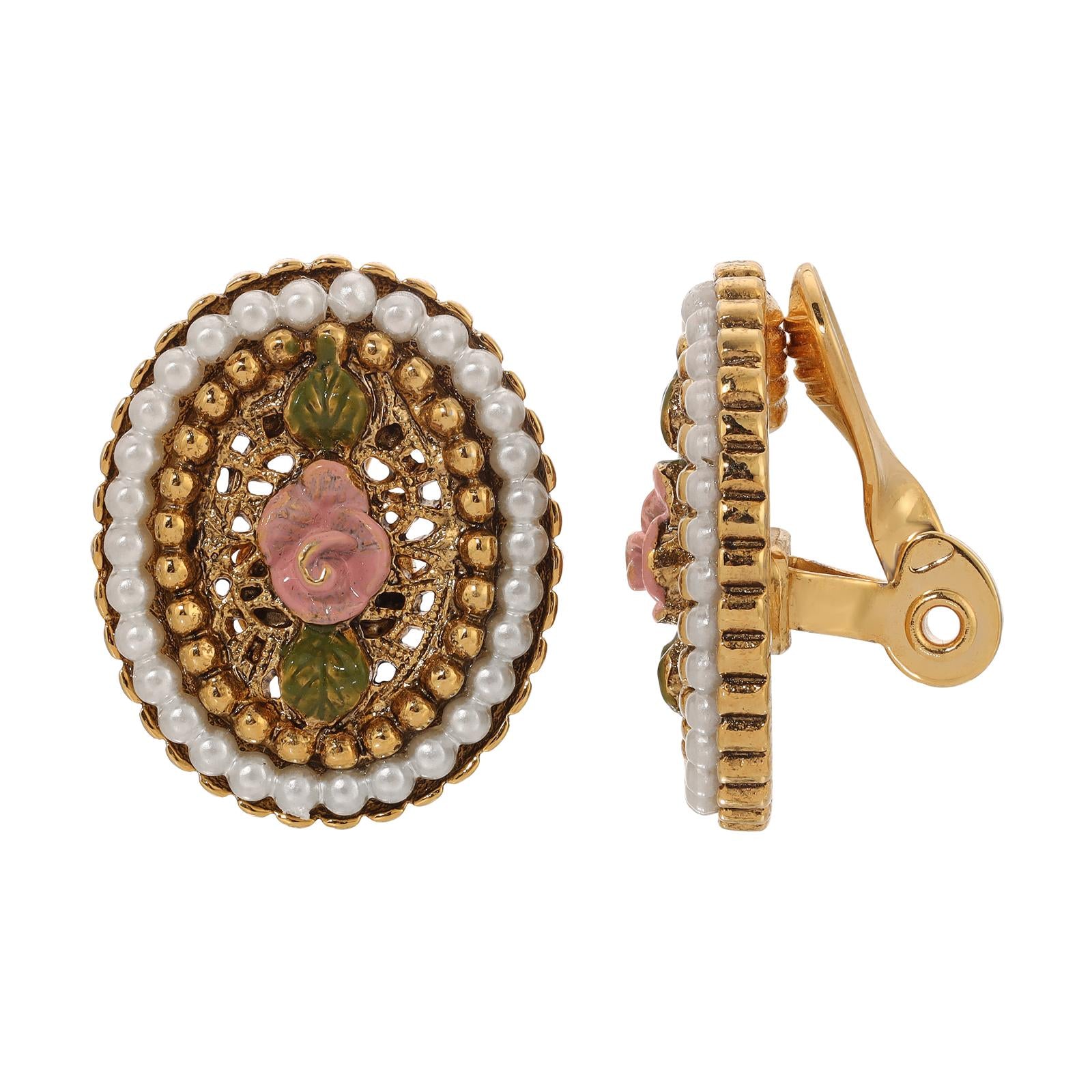 1928 Jewelry Pearly Eden Rose Enamel Faux Pearl Ring Clip On Earrings