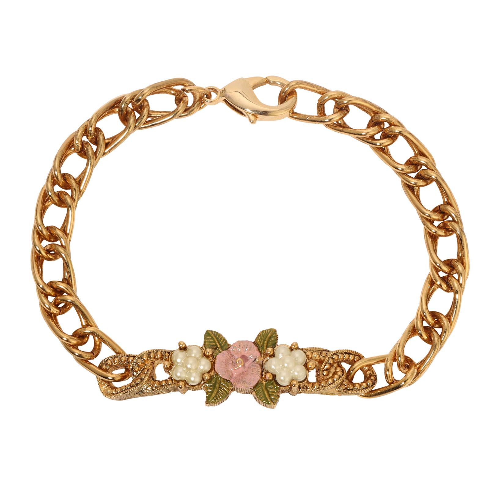 1928 Jewelry Pearly Eden Rose Enamel Faux Pearl Link Chain Bracelet